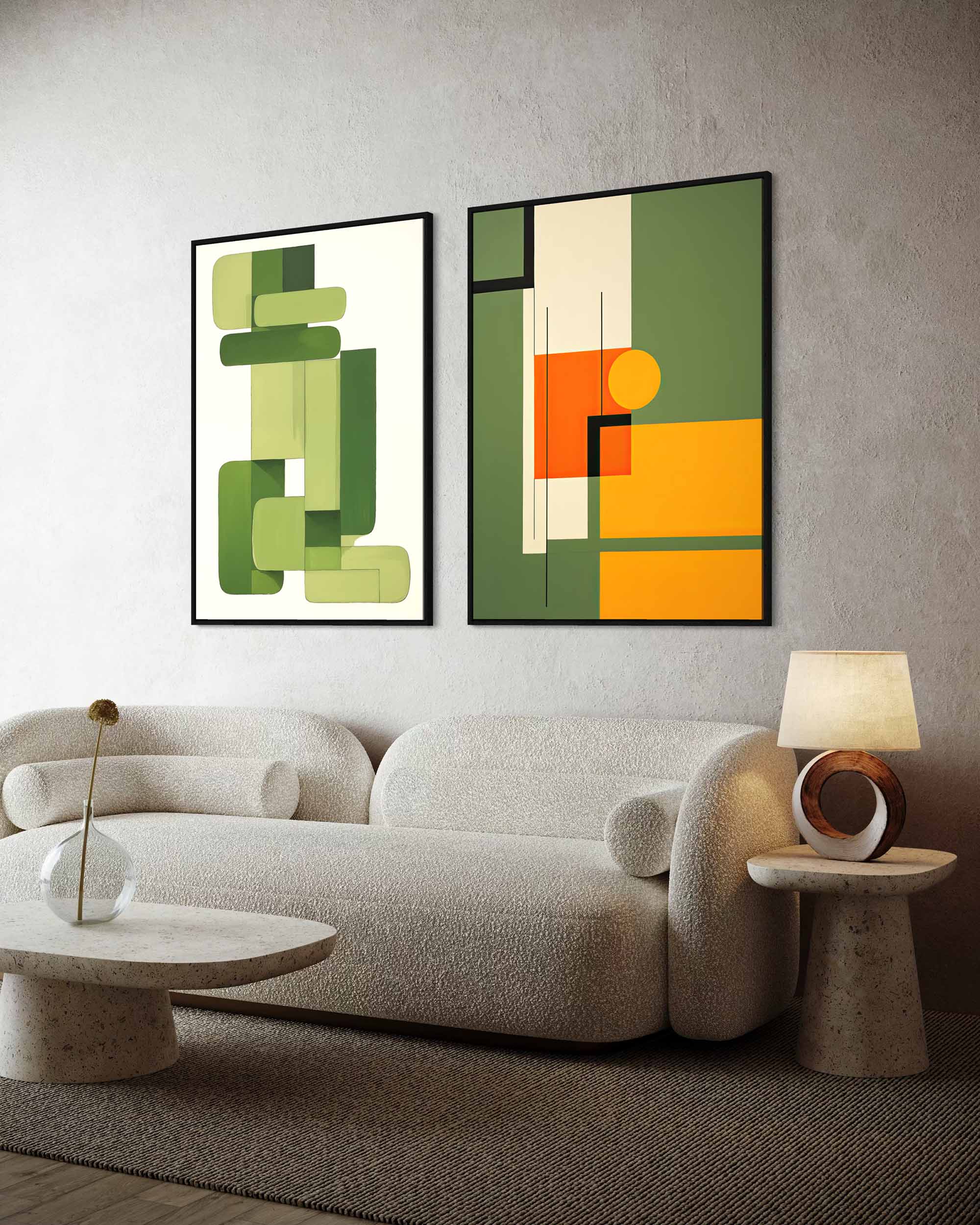 large gallery wall of abstract pictures hung above a sofa in a living room
