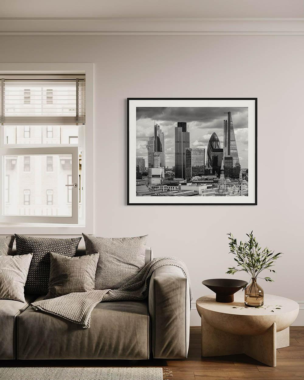 fine art photography on a wall in living room above sofa