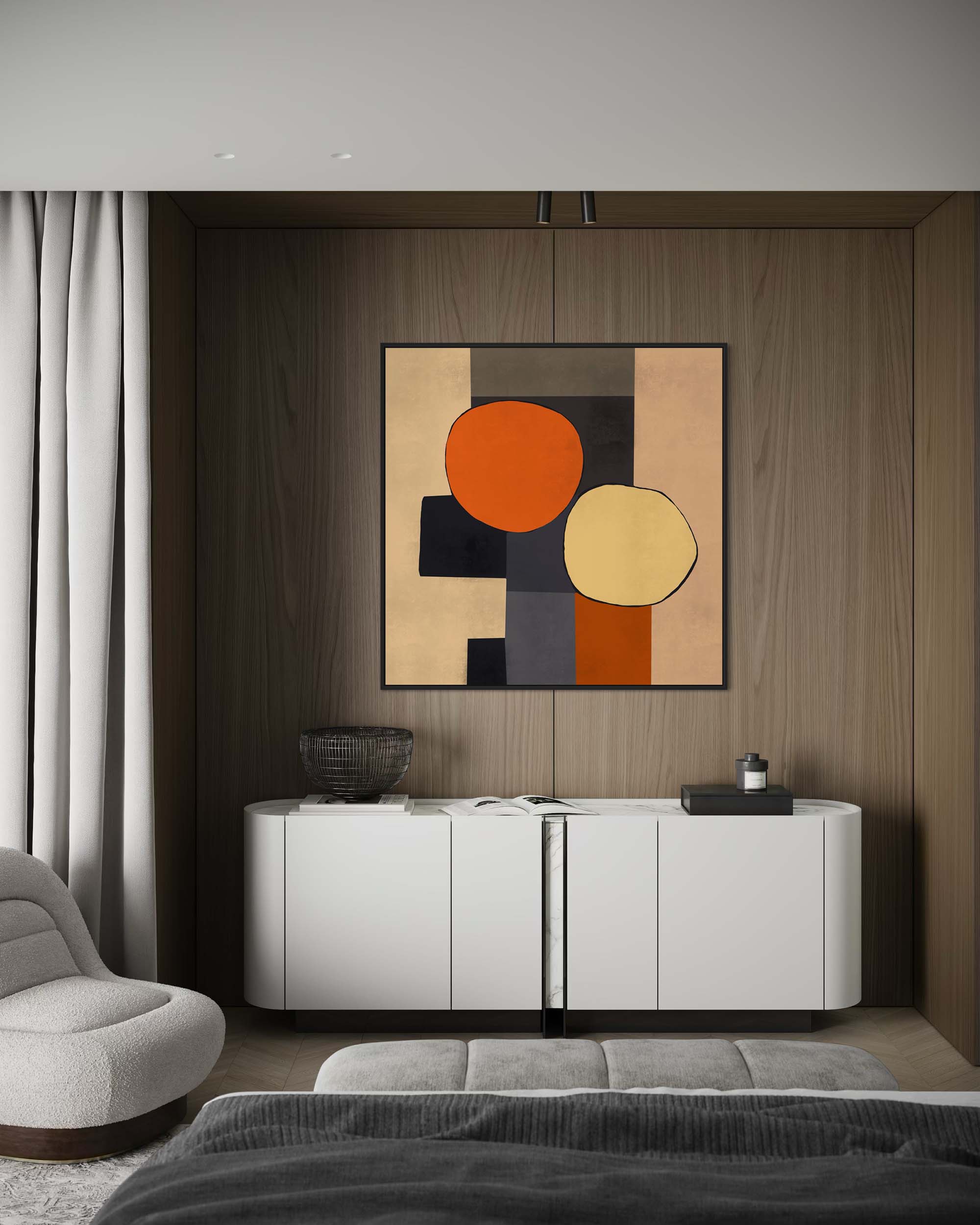 geometric canvas art in a modern bedroom decor