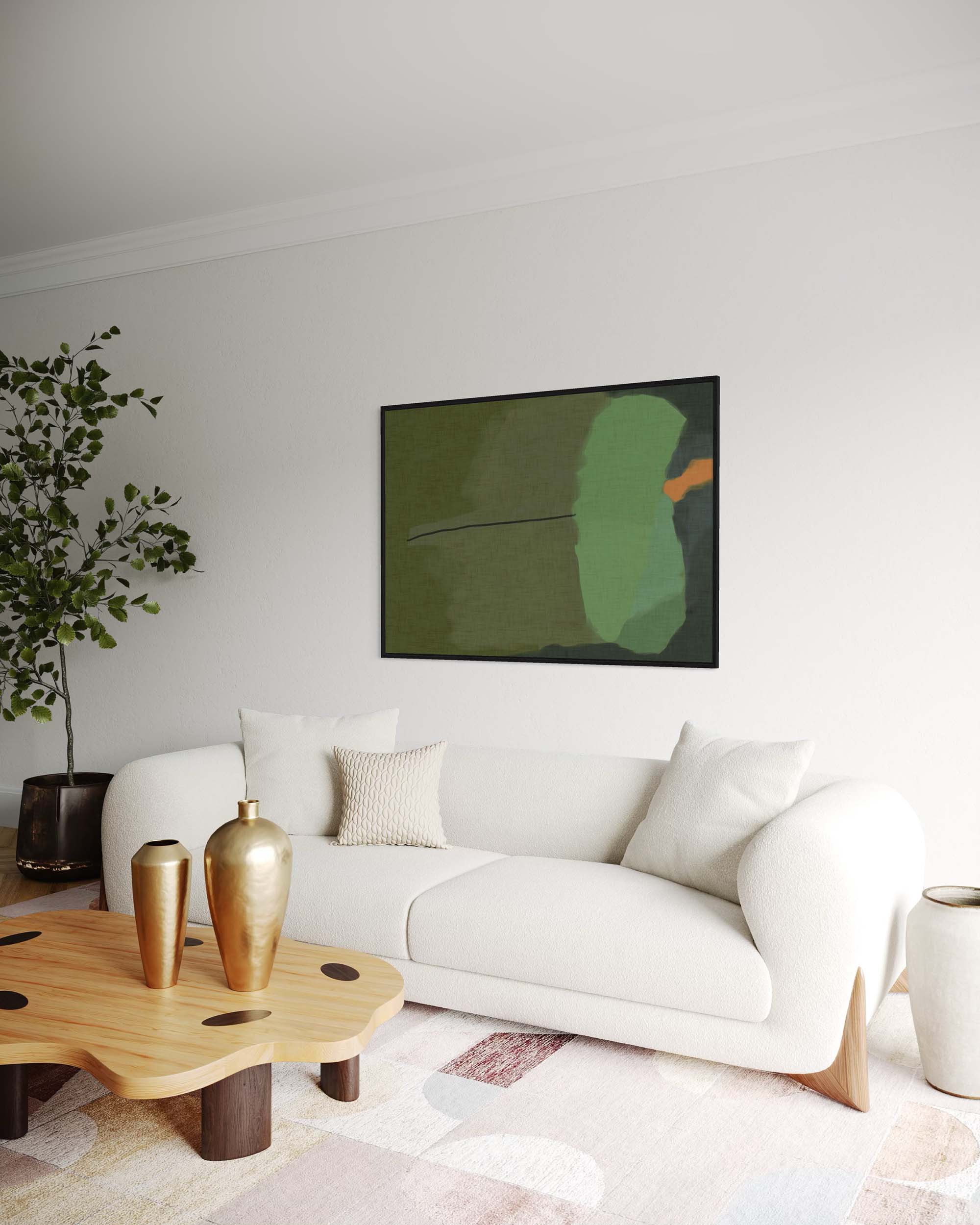 large green abstract canvas art on a wall in a modern living room