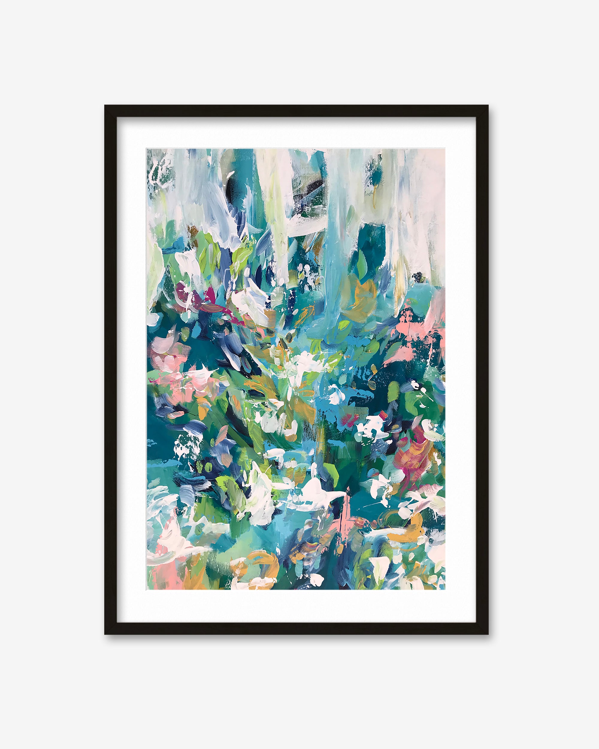 Framed abstract artwork with colorful forest design on a white background
