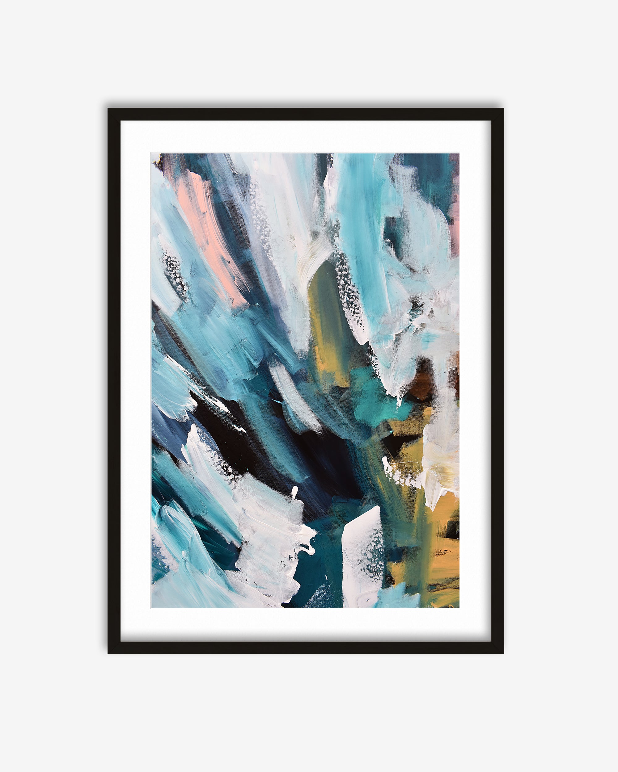 Framed abstract art print with blue, white, and yellow colors on a white background