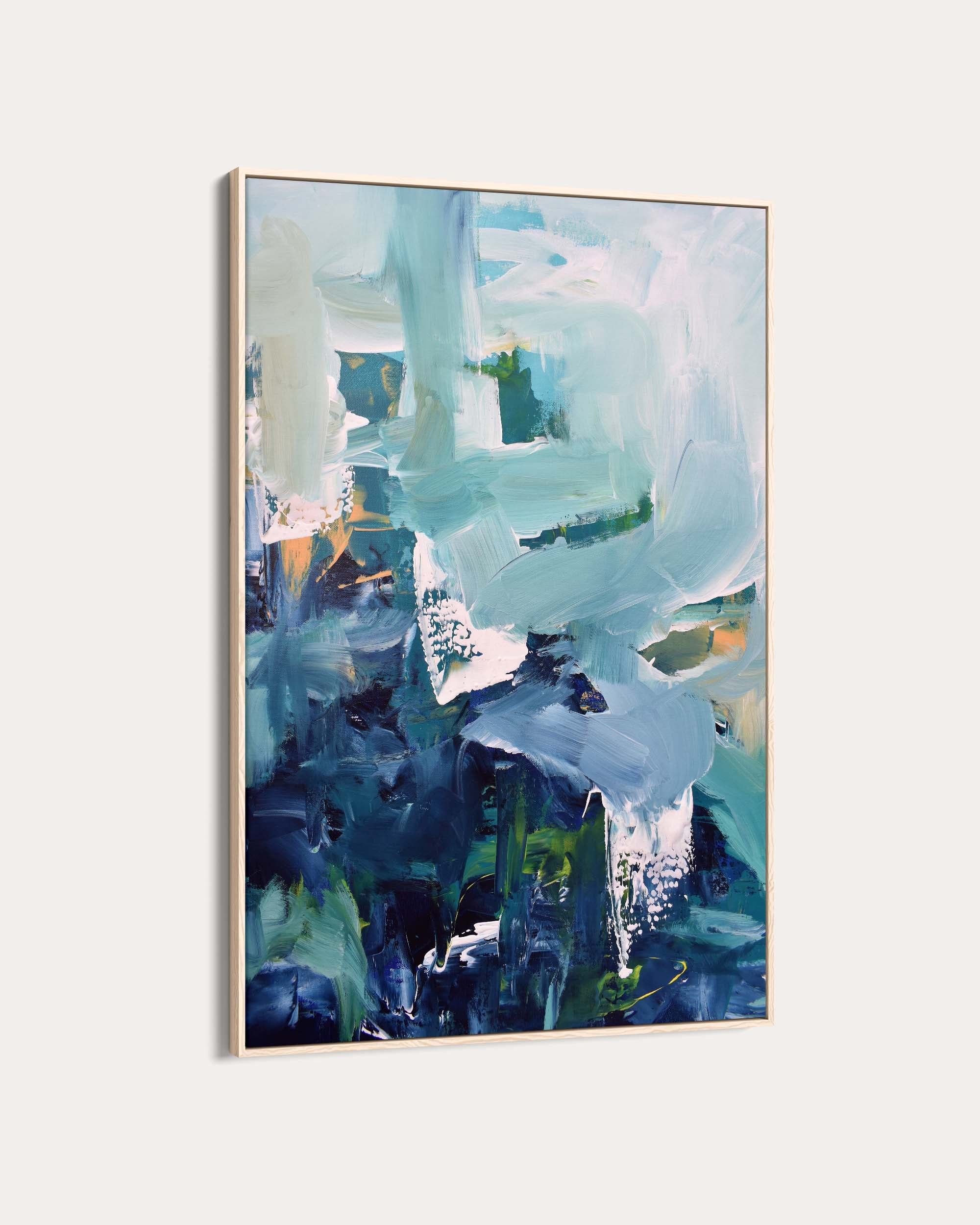 Abstract art painting with blue and green tones on a white background