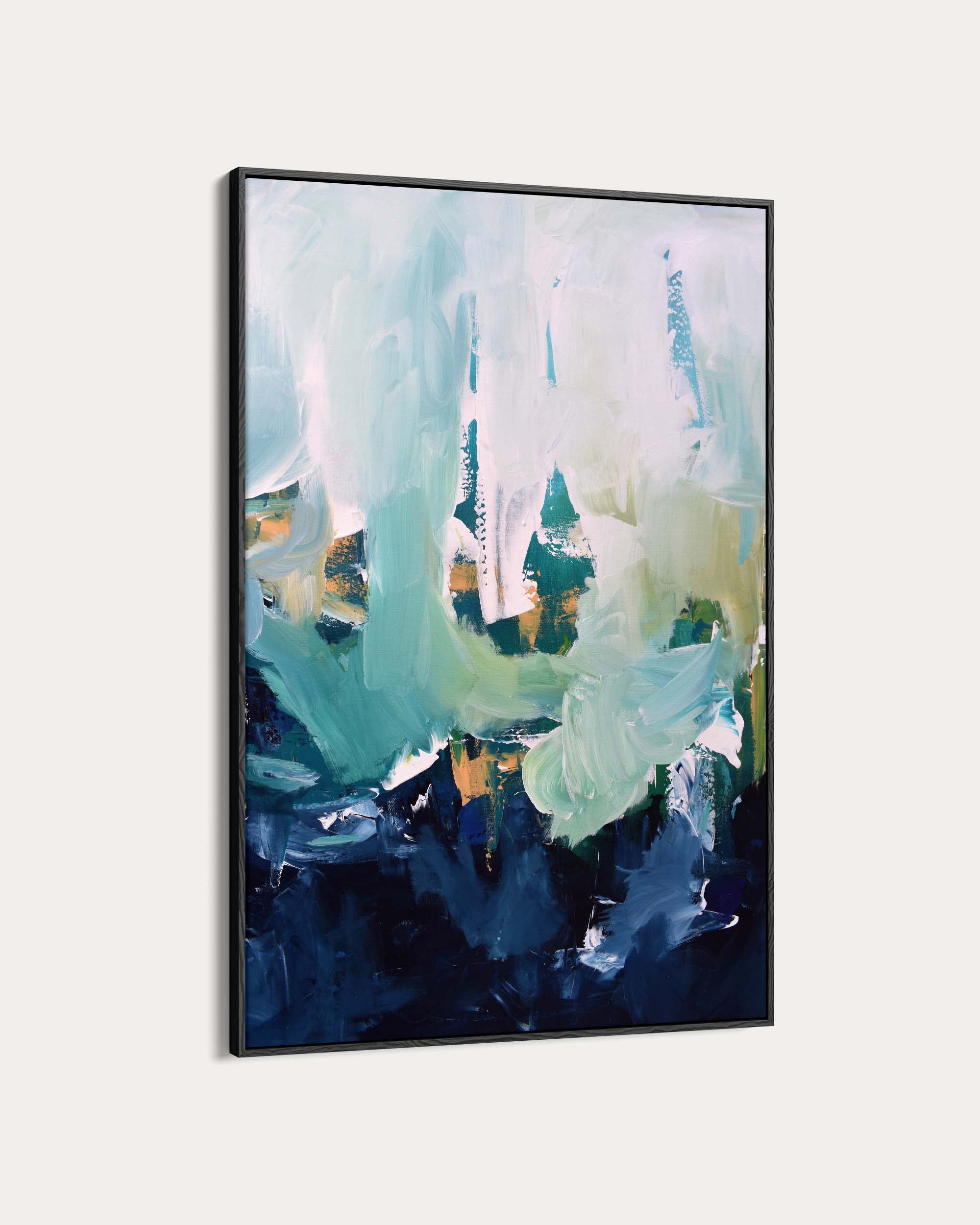 Abstract painting with teal, blue, and green colors on a white background