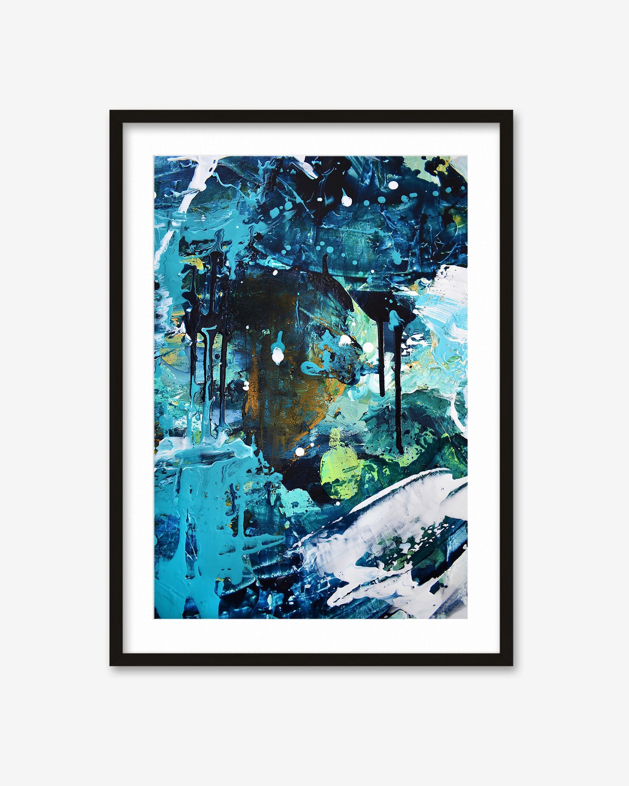 Framed abstract artwork with blue and green tones on a white background