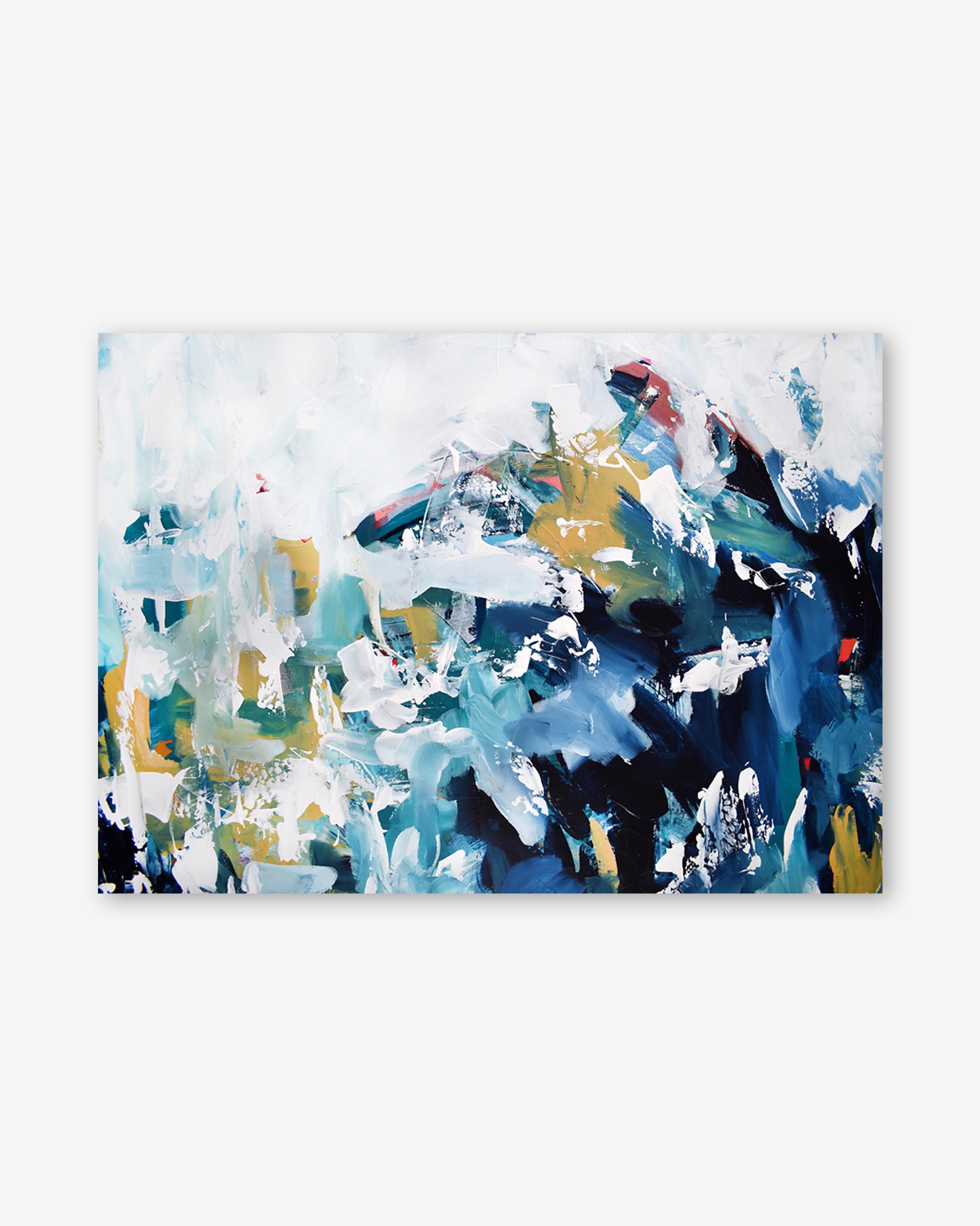 Abstract art print with blue, white, and multicolor abstract design on a white background