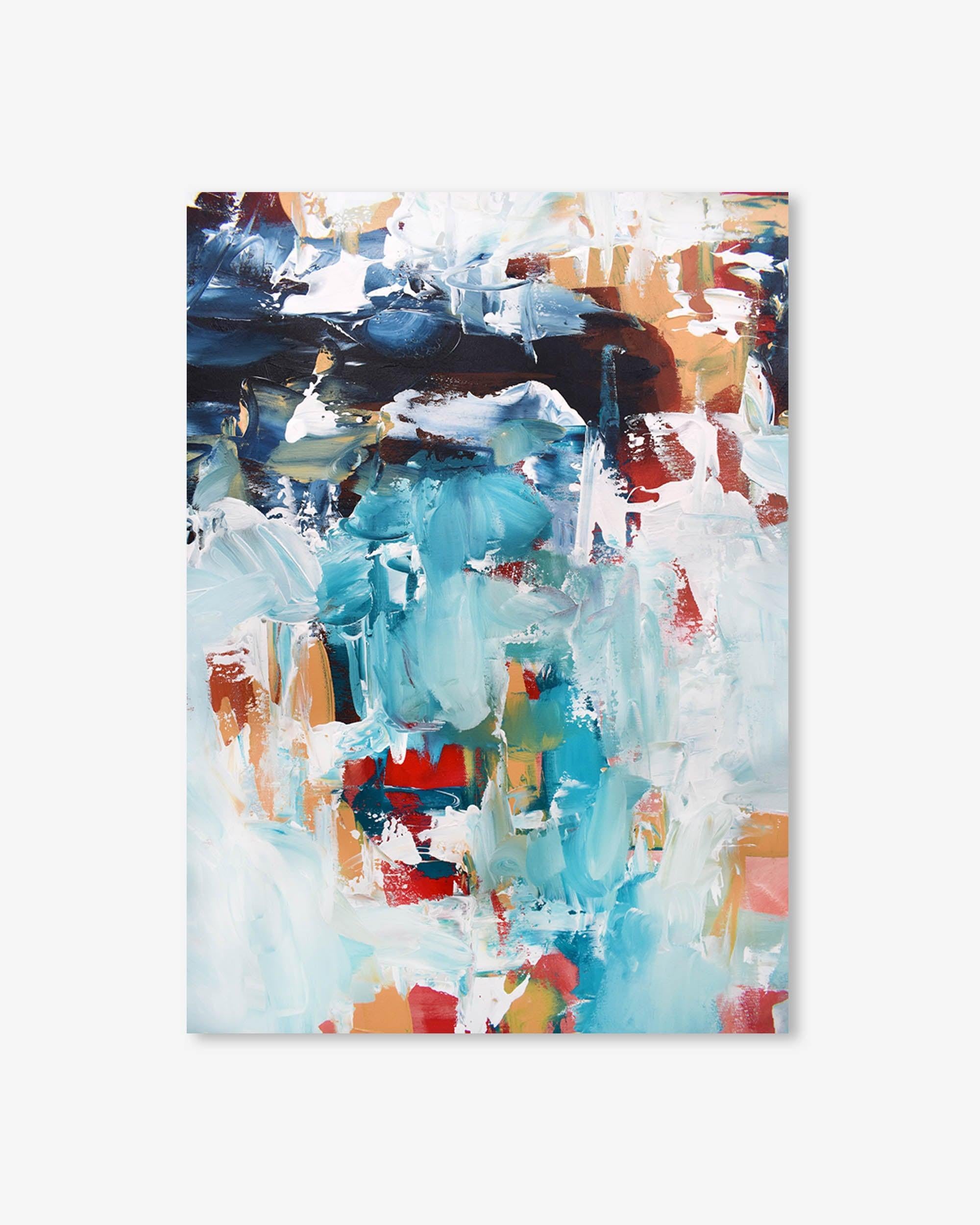 Abstract painting with a mix of blue, white, red, and orange on a white background