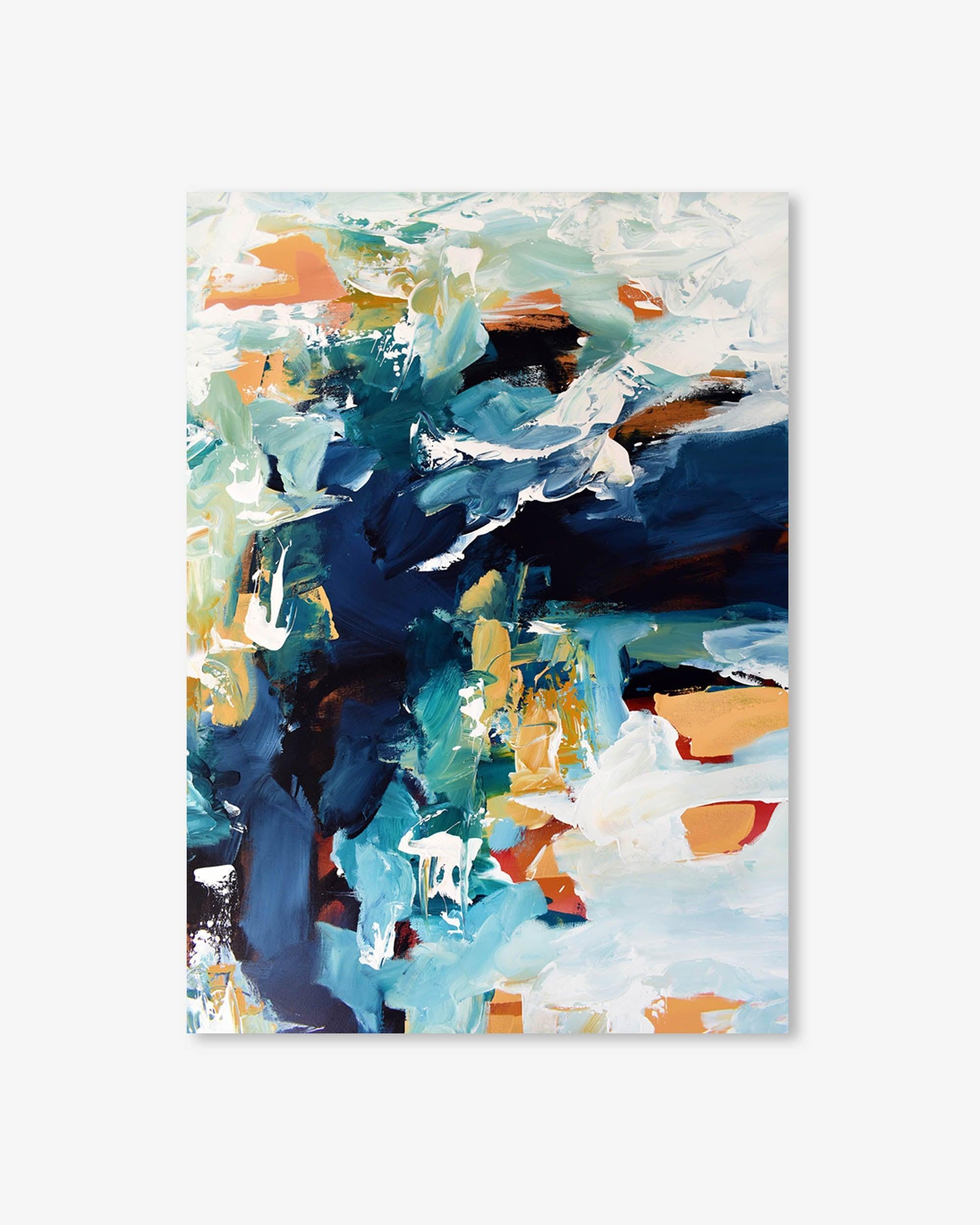 Abstract painting with blue, orange, and white colors on a white background