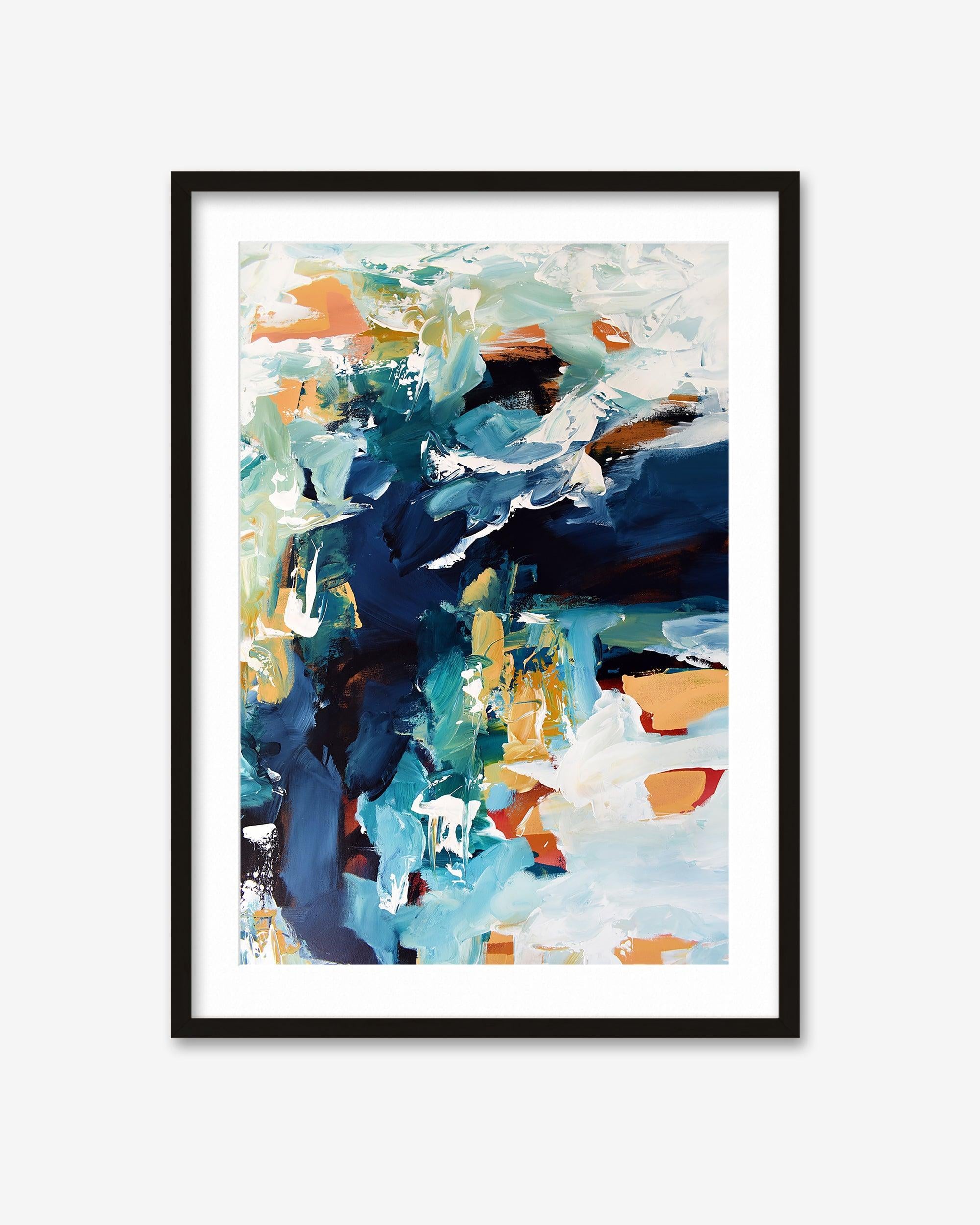 Framed abstract art print with colorful brush strokes on a white background