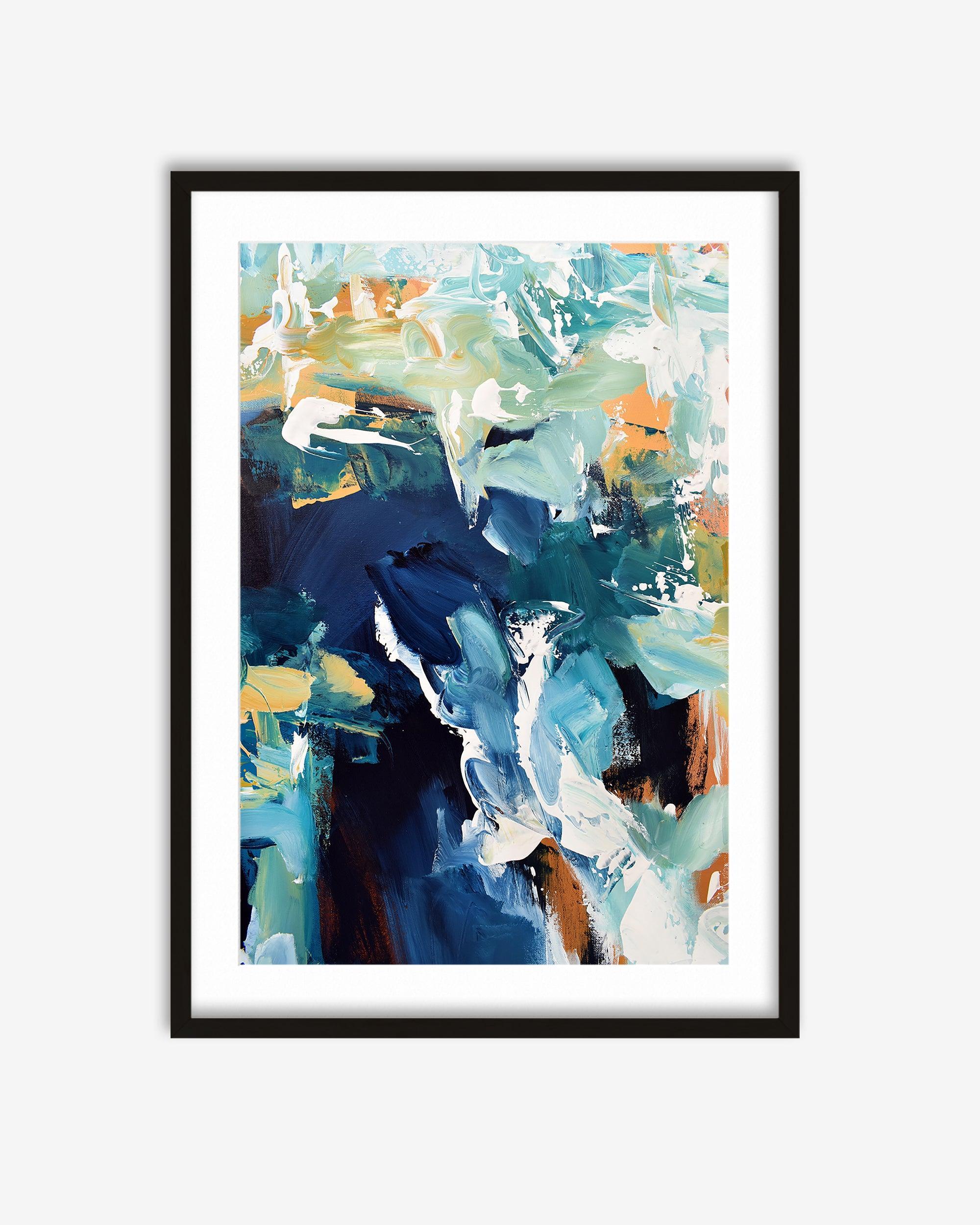 Framed abstract art print with blue and multicolor brushstrokes on a white background