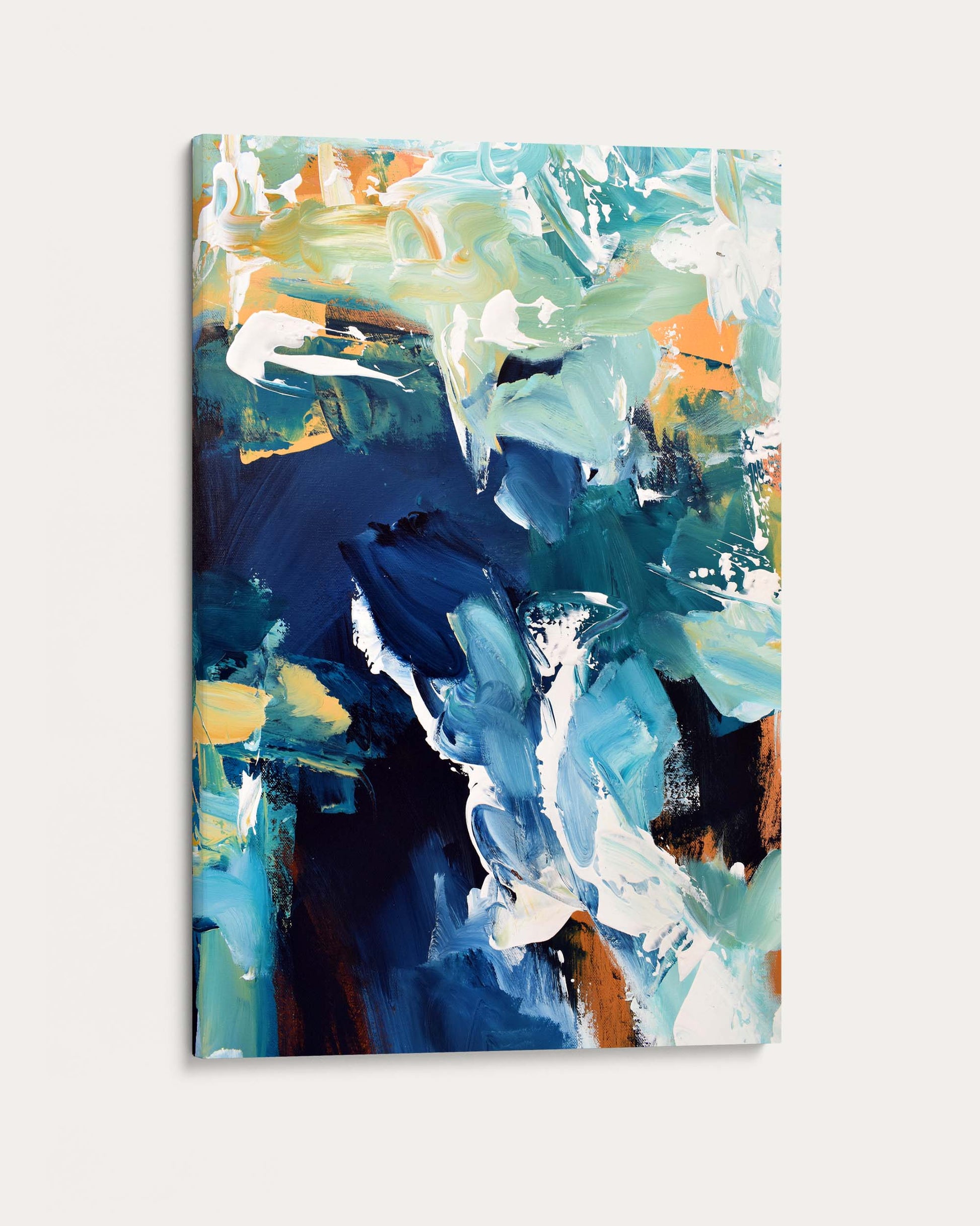 Abstract painting with blue, green, and orange colors on a white background