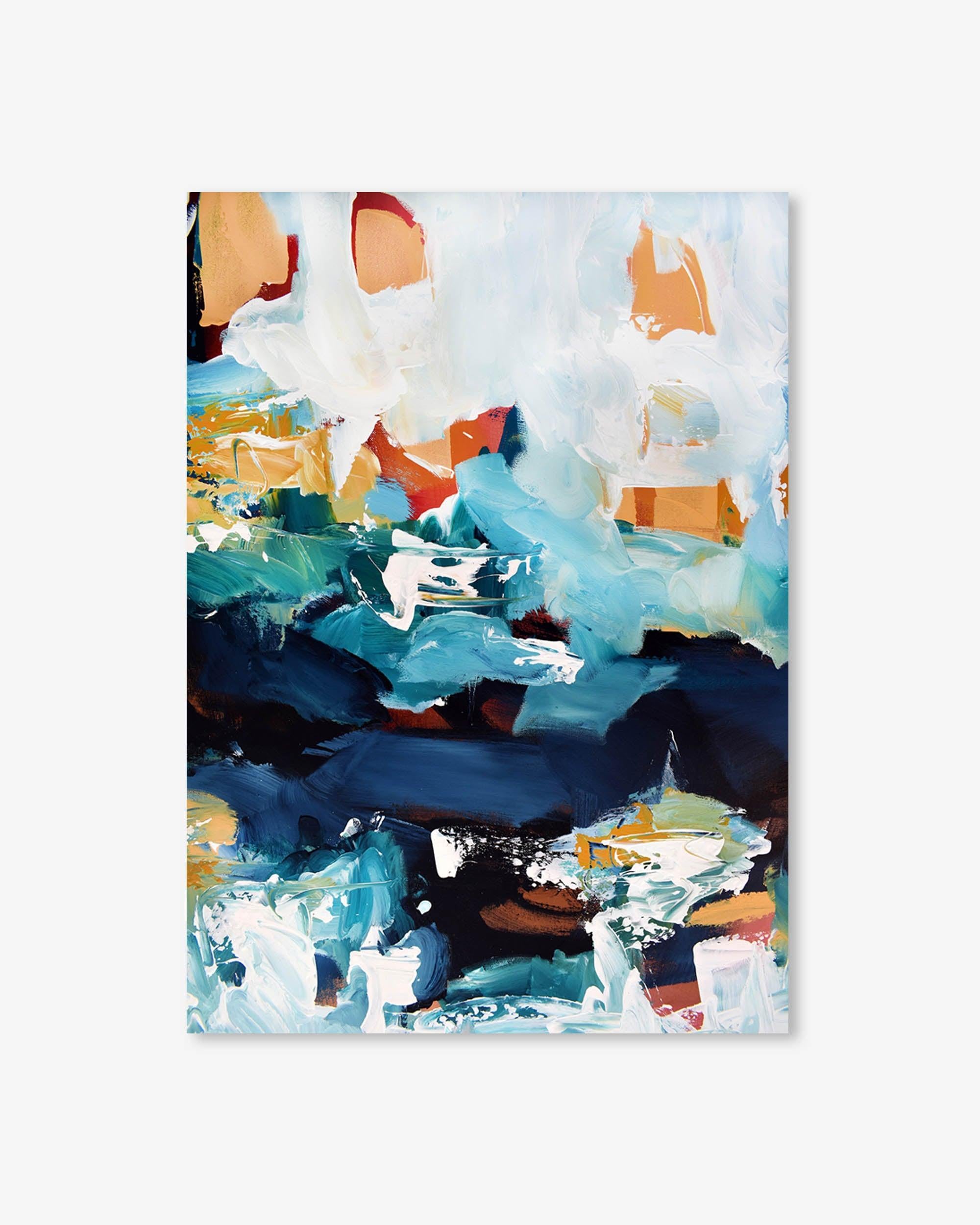 Abstract art print with blue, orange, and white colors on a white background