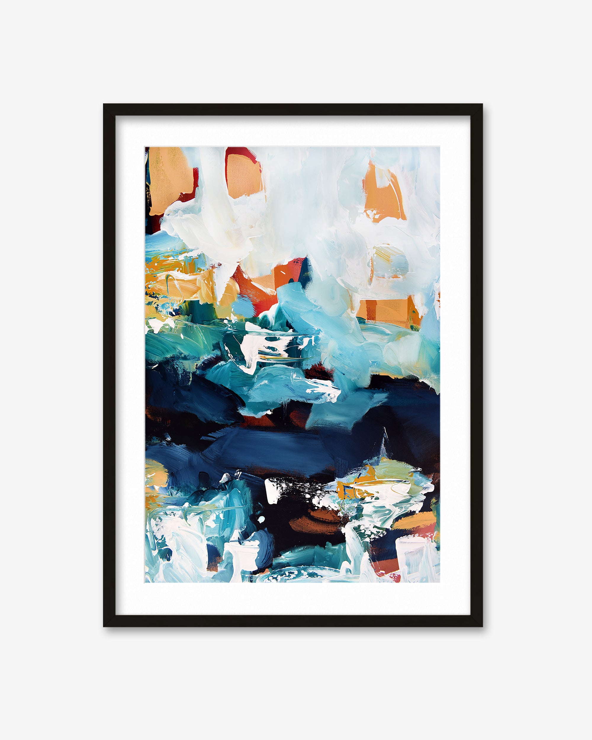 Framed abstract art print with colorful abstract design on a white background