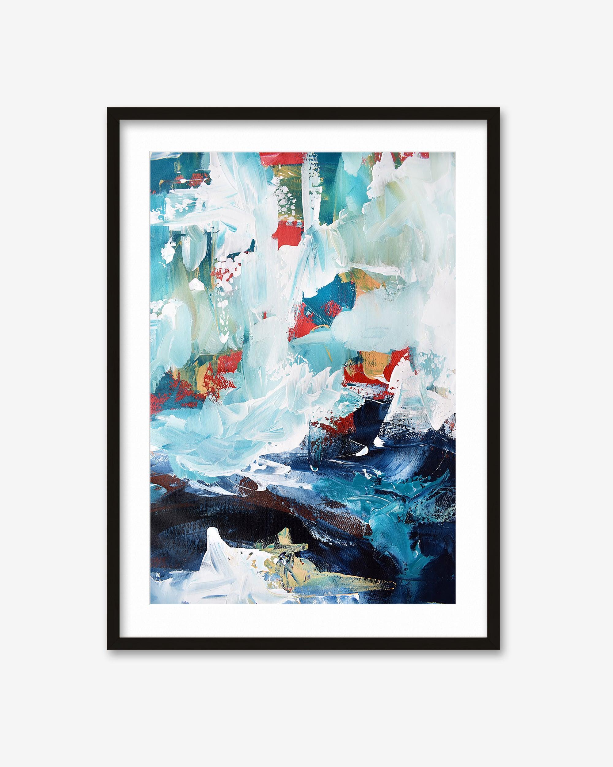 Framed abstract art print with colorful abstract design on a white background