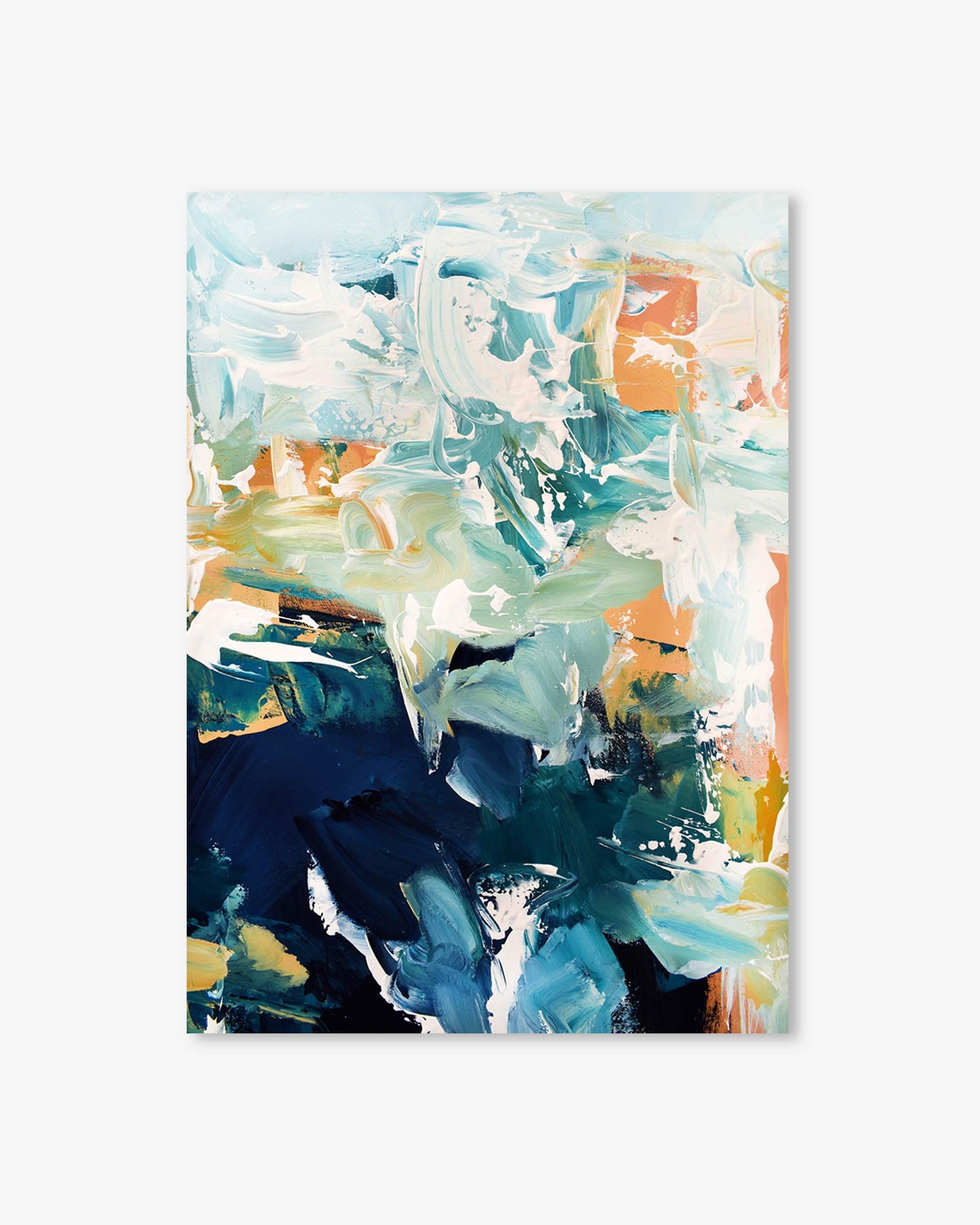 Abstract painting with a mix of blue, green, orange, and white on a white background