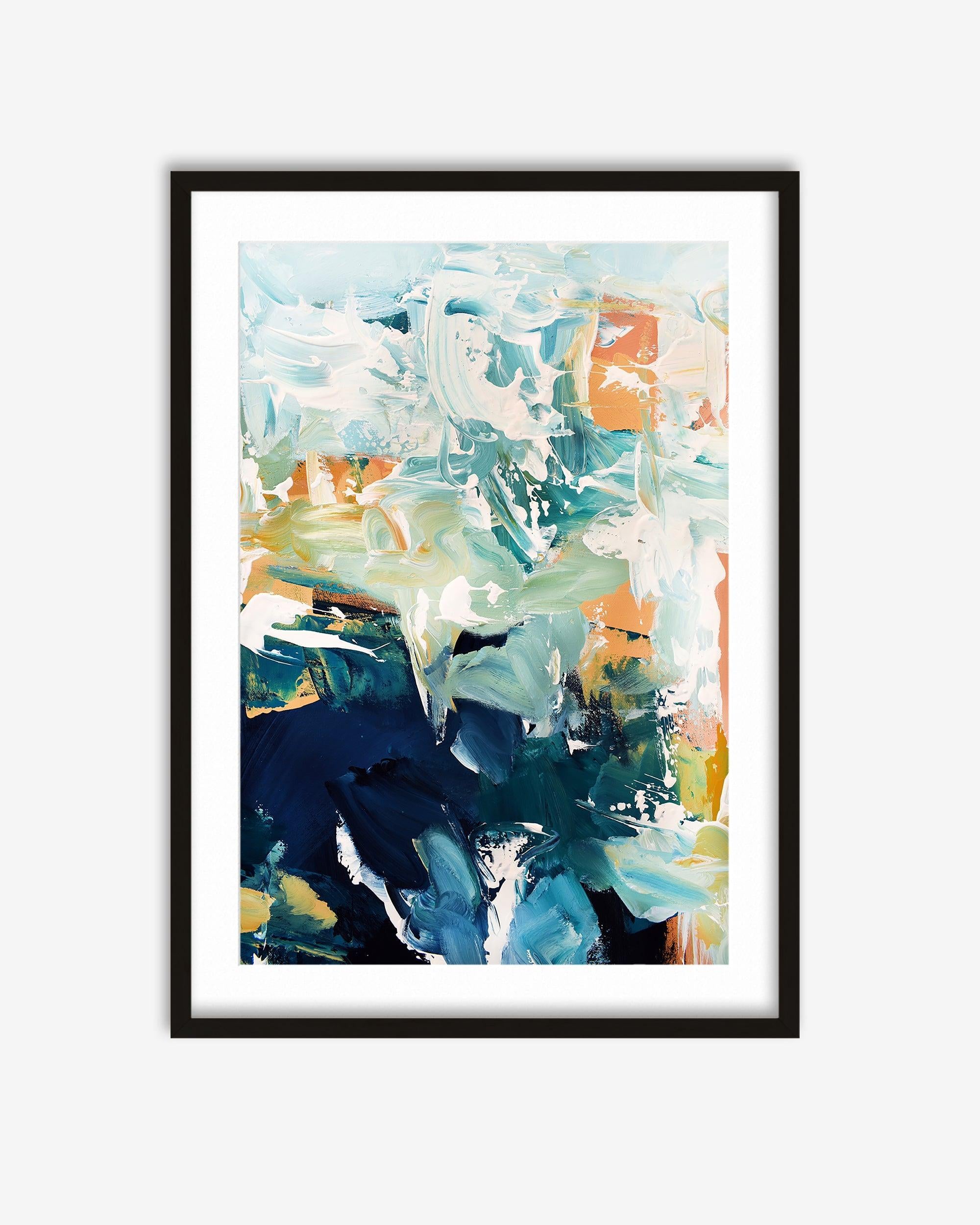 Framed abstract art print with colorful brush strokes on a white background