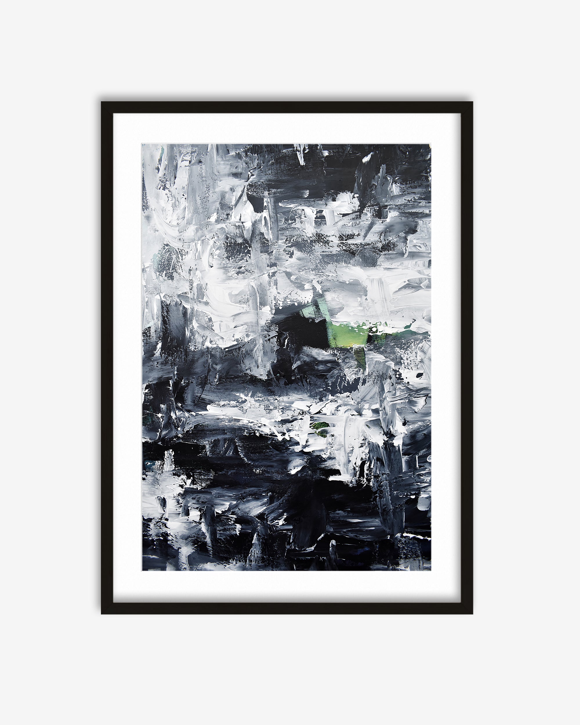 Framed abstract art print with black and white brush strokes on a white background