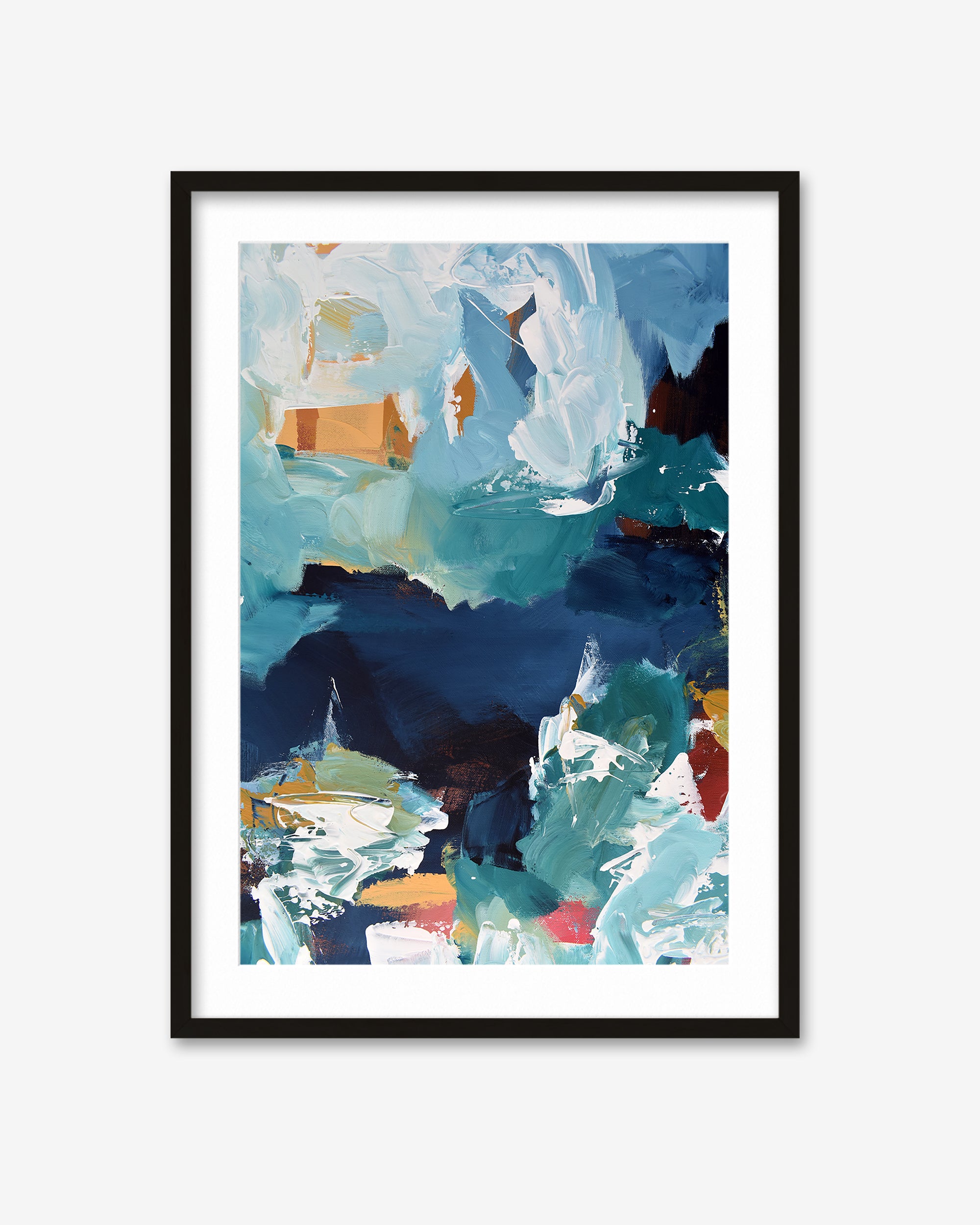 Framed abstract art print with blue and white colors on a white background