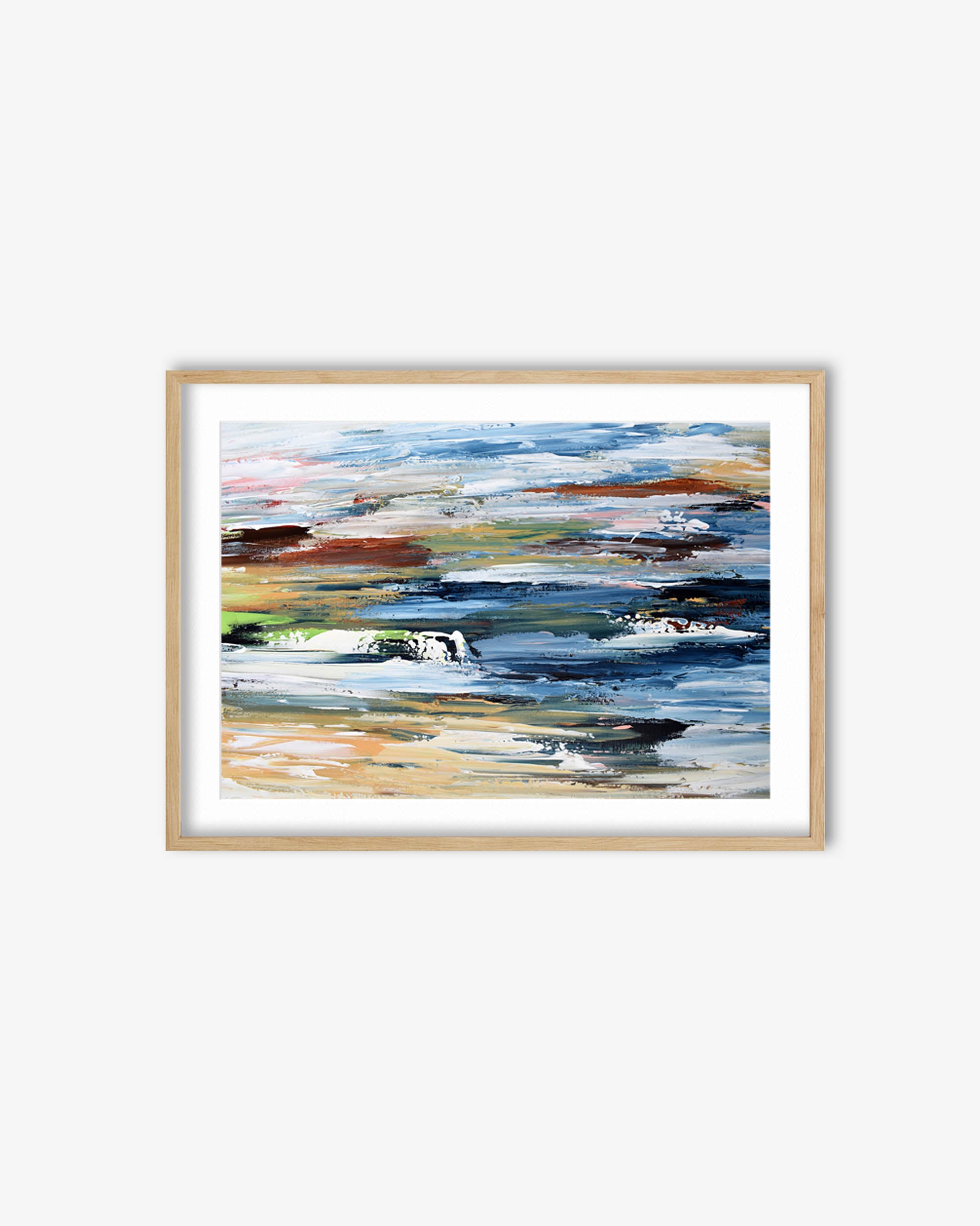 Framed abstract artwork with multicolored brush strokes on a white background