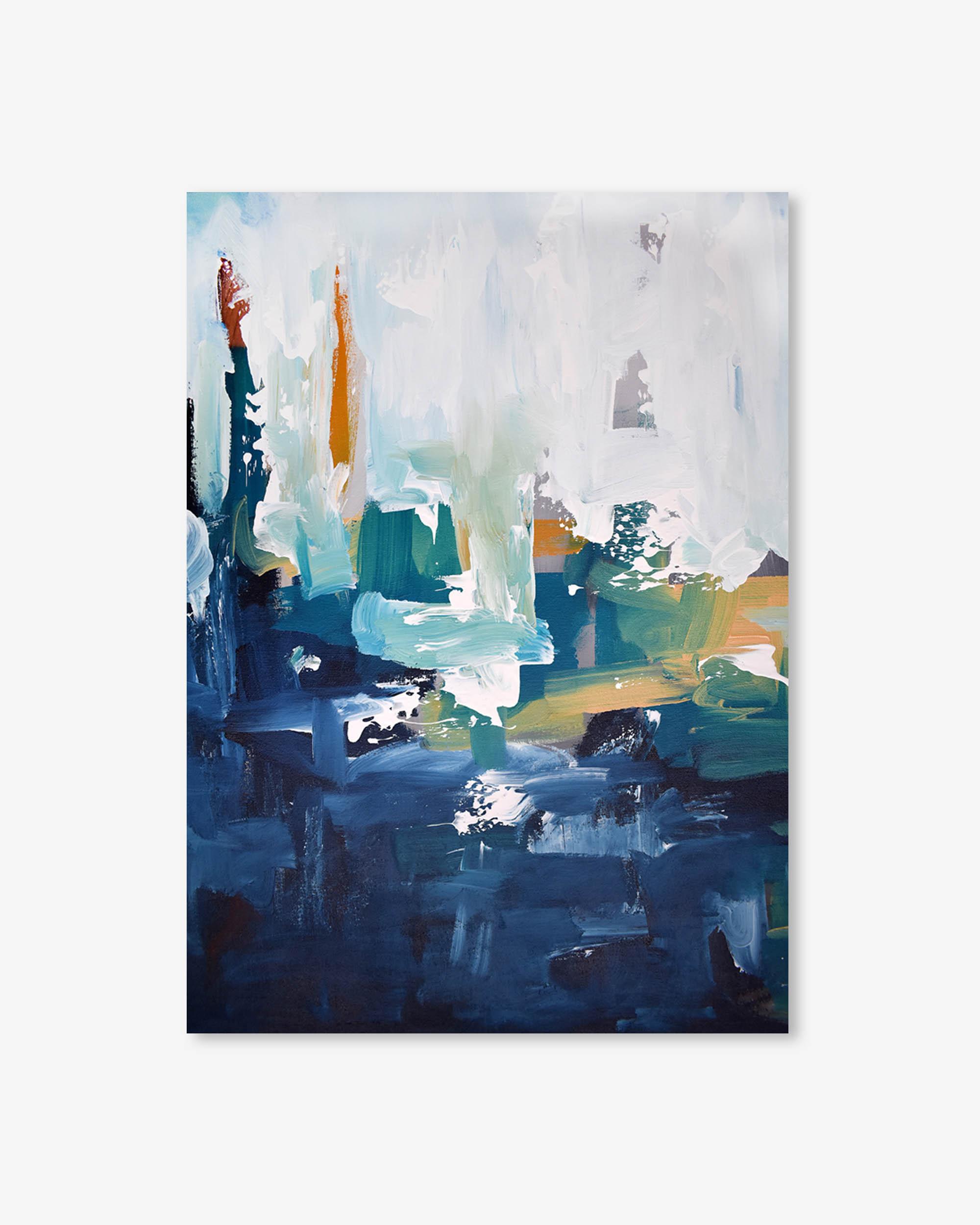 Abstract painting with blue, green, and orange colors on a white background