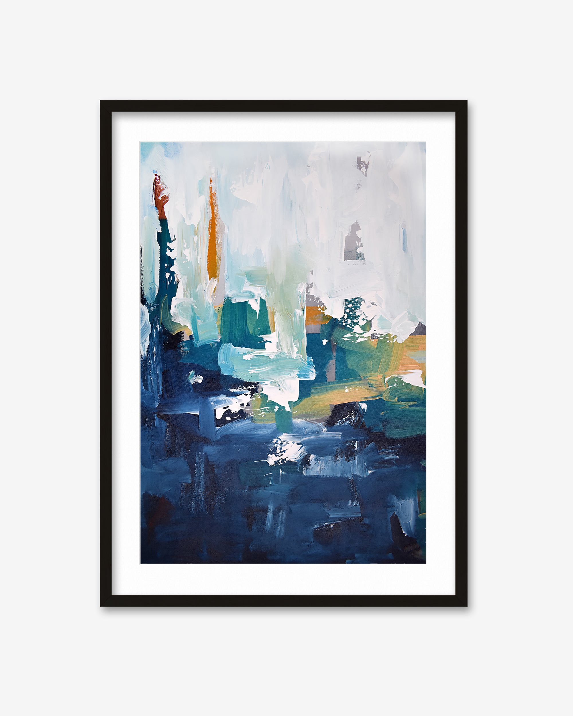 Framed abstract art print with blue, green, and white colors on a white background