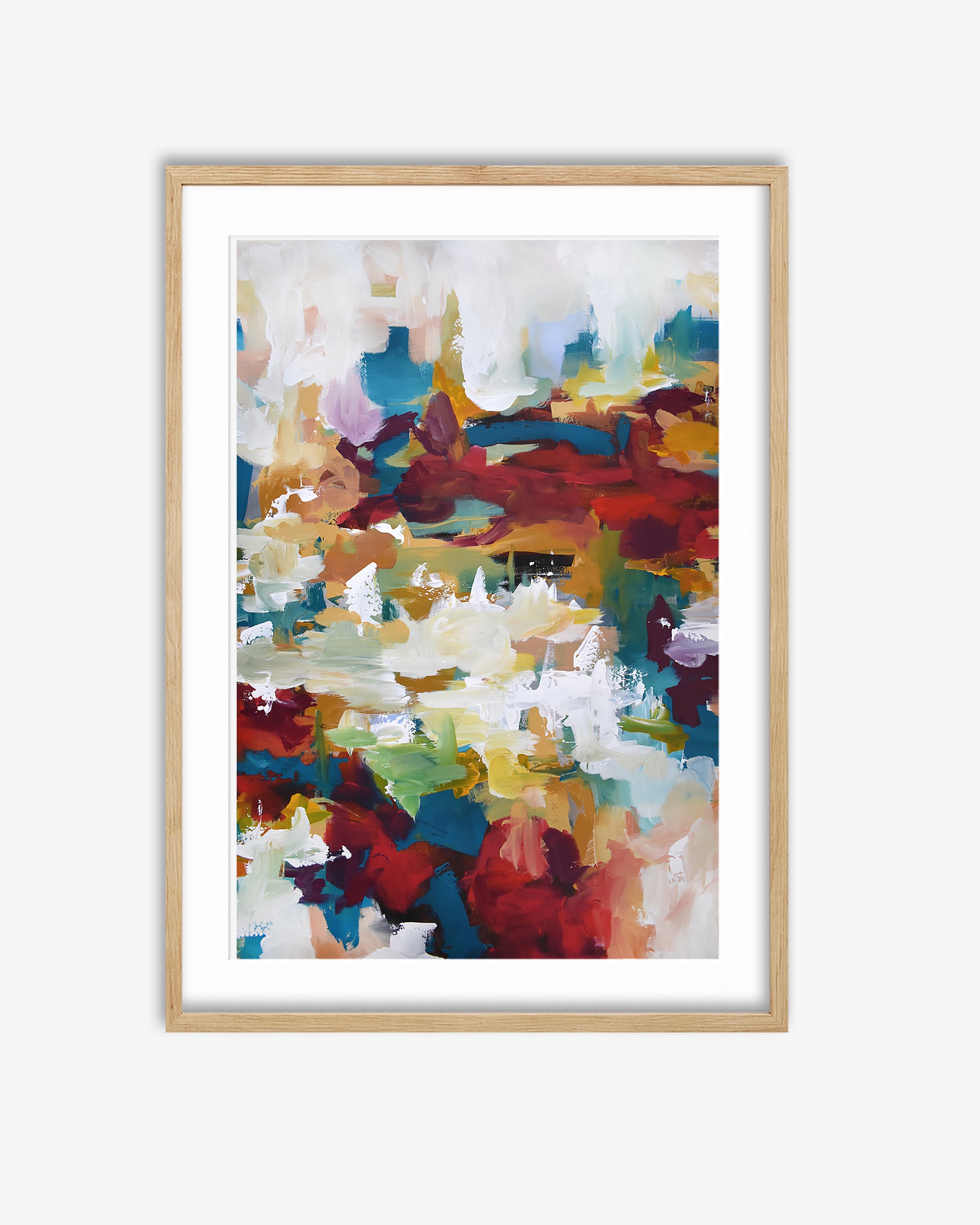 Framed abstract art print with colorful brush strokes on a white background
