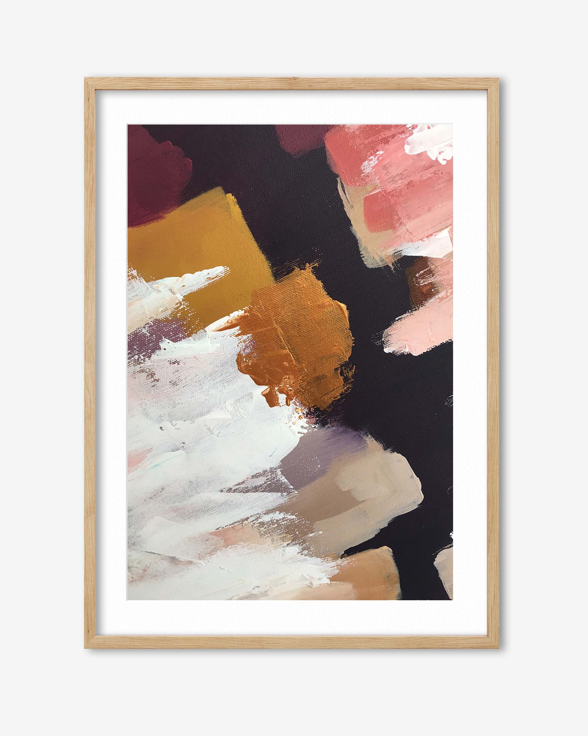 Abstract art print with colorful brush strokes in a wooden frame on a white background