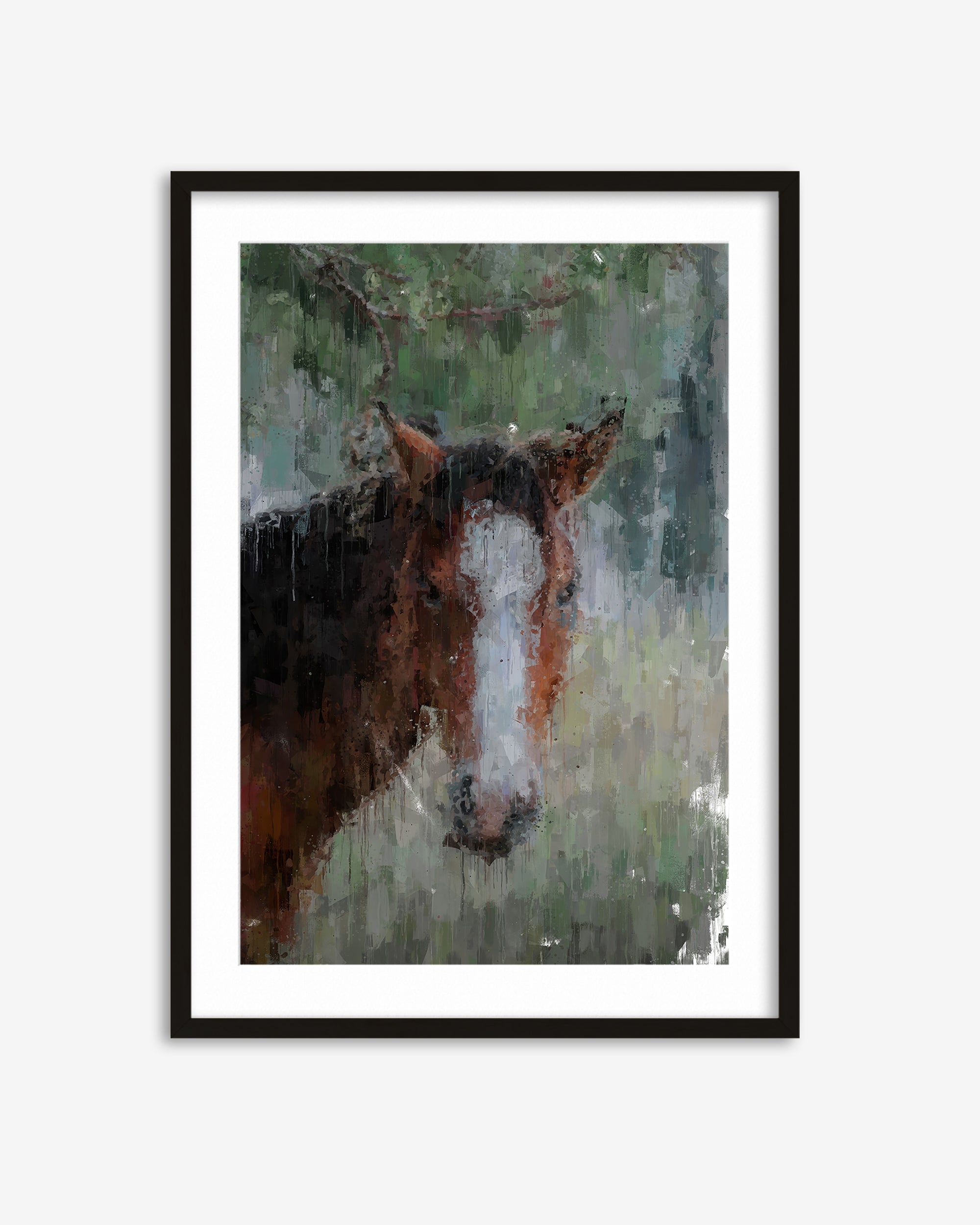 Framed artwork of a horse's head with a white blaze on a light gray background