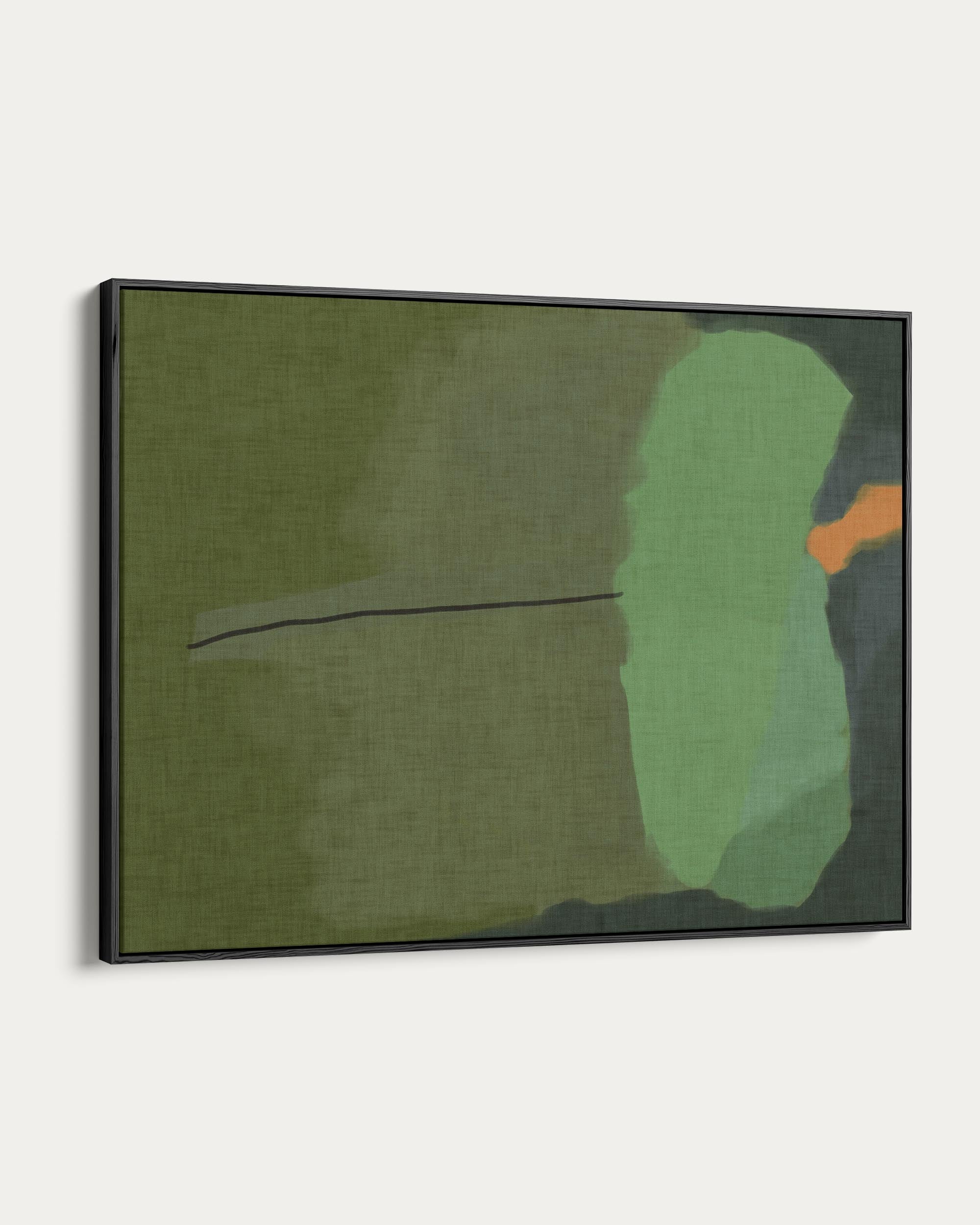 Abstract art piece with green and orange shapes on a textured background