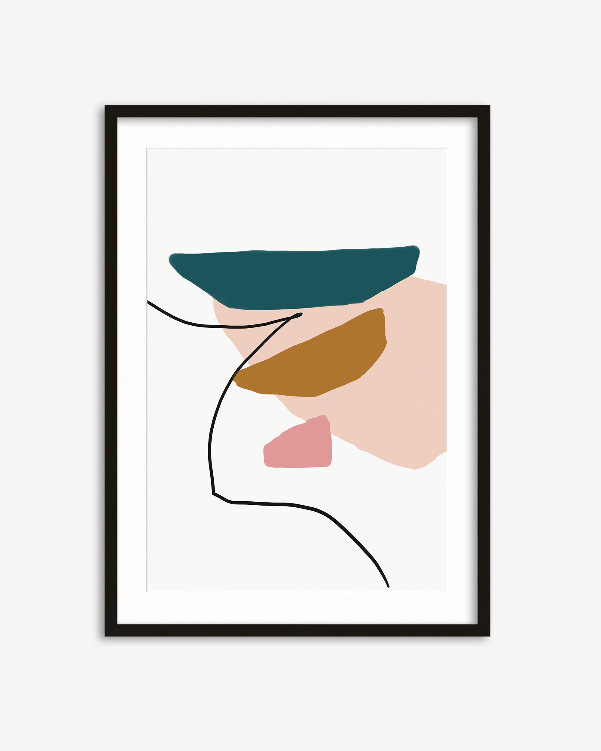 Framed abstract art print with geometric shapes on a white background