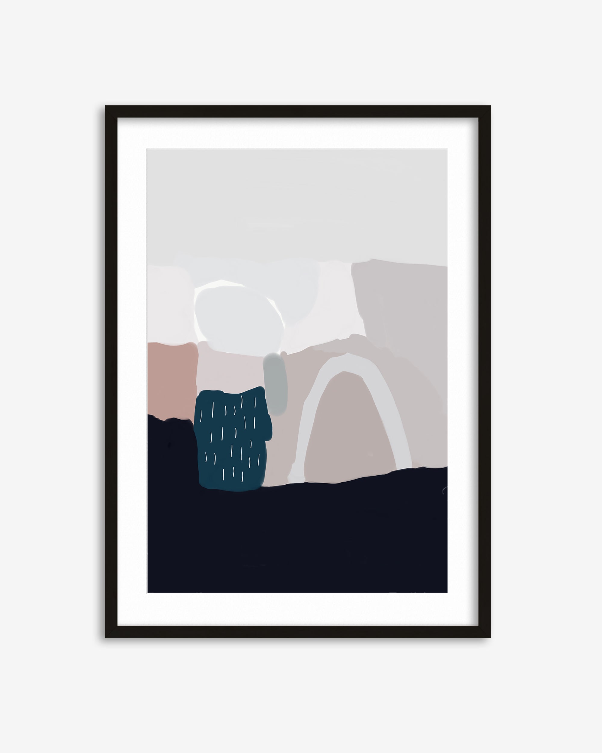 Framed abstract art print with geometric shapes on a light gray background