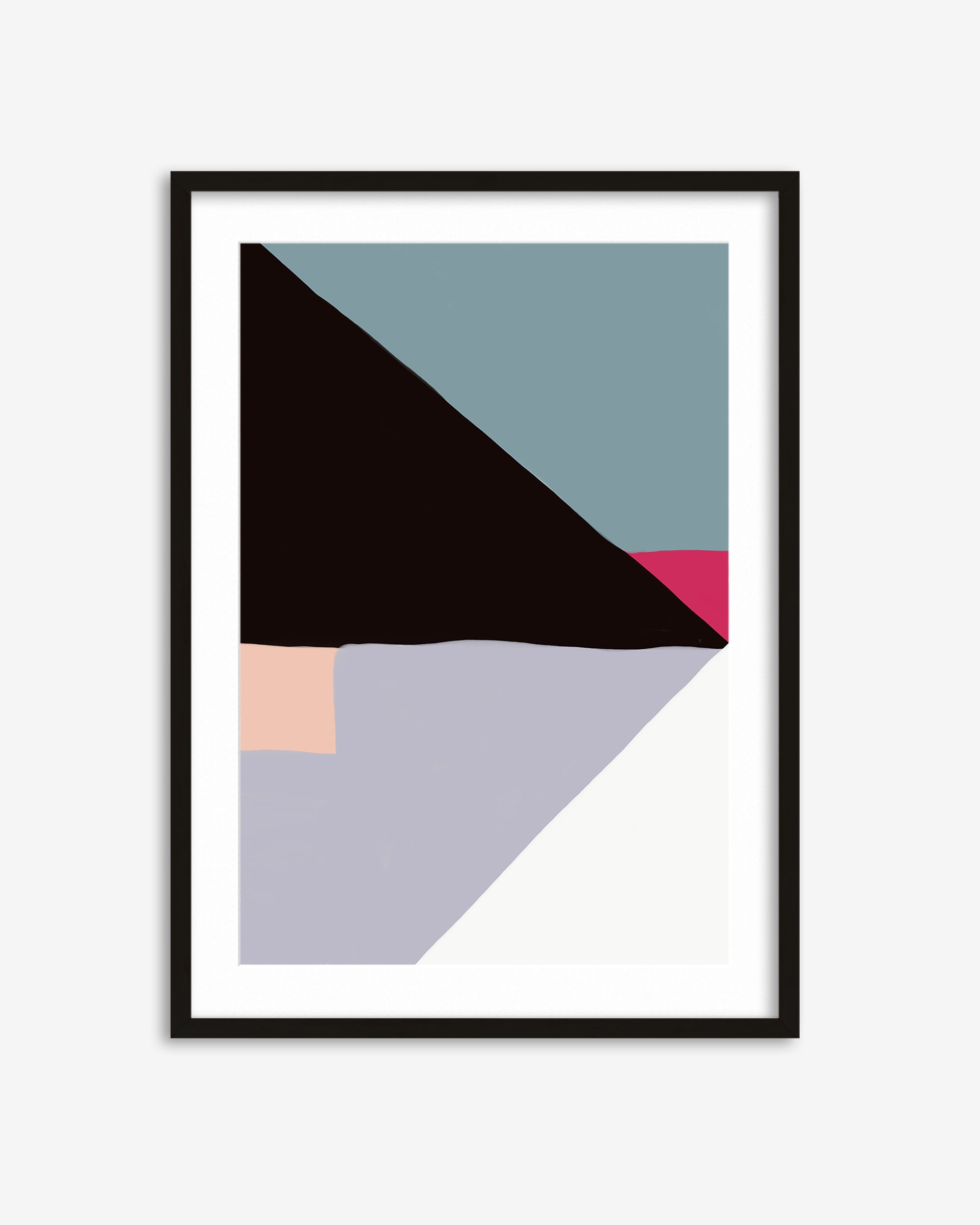 Framed abstract art print with geometric shapes on a white background