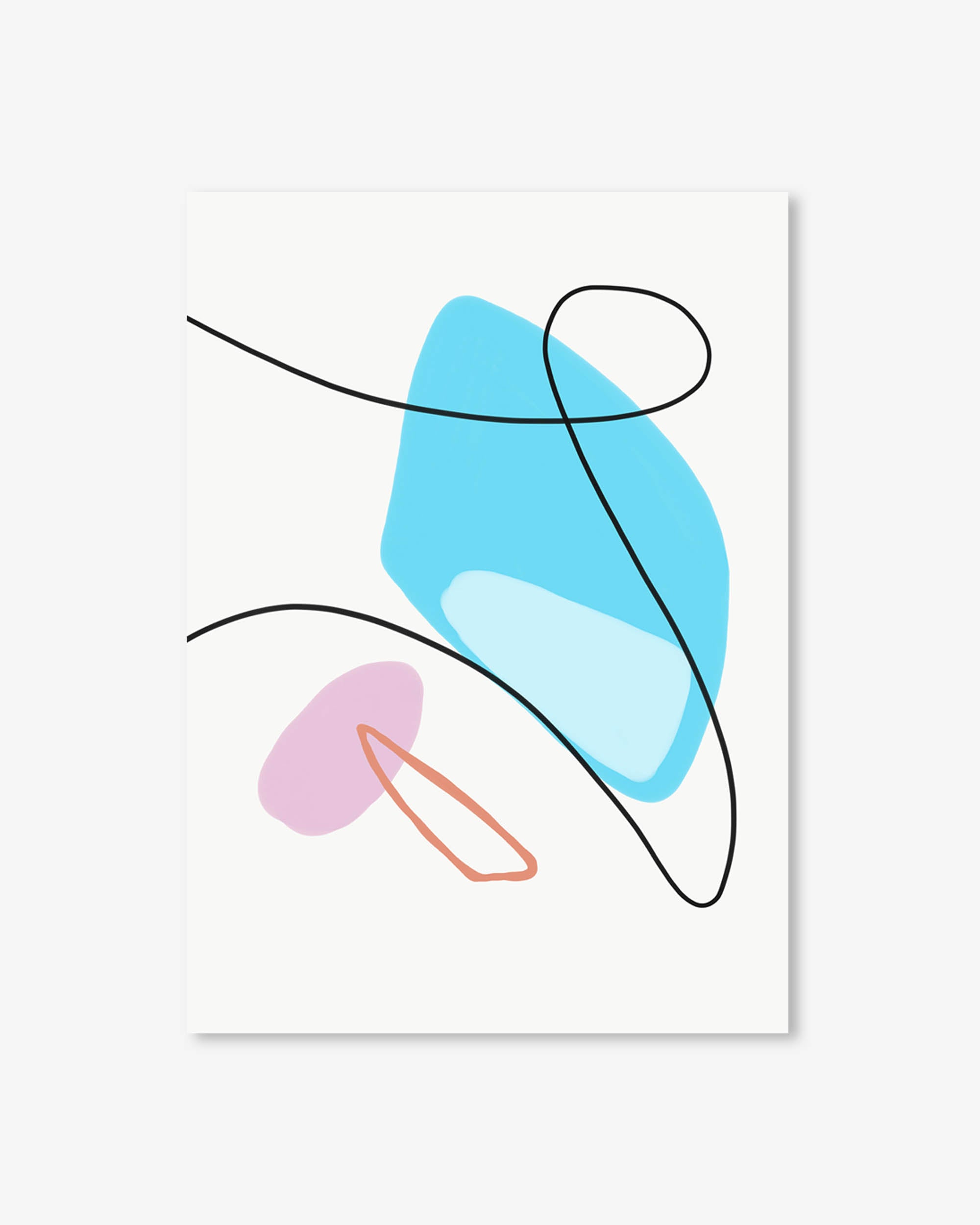Abstract art print with blue, pink, and black shapes on a white background