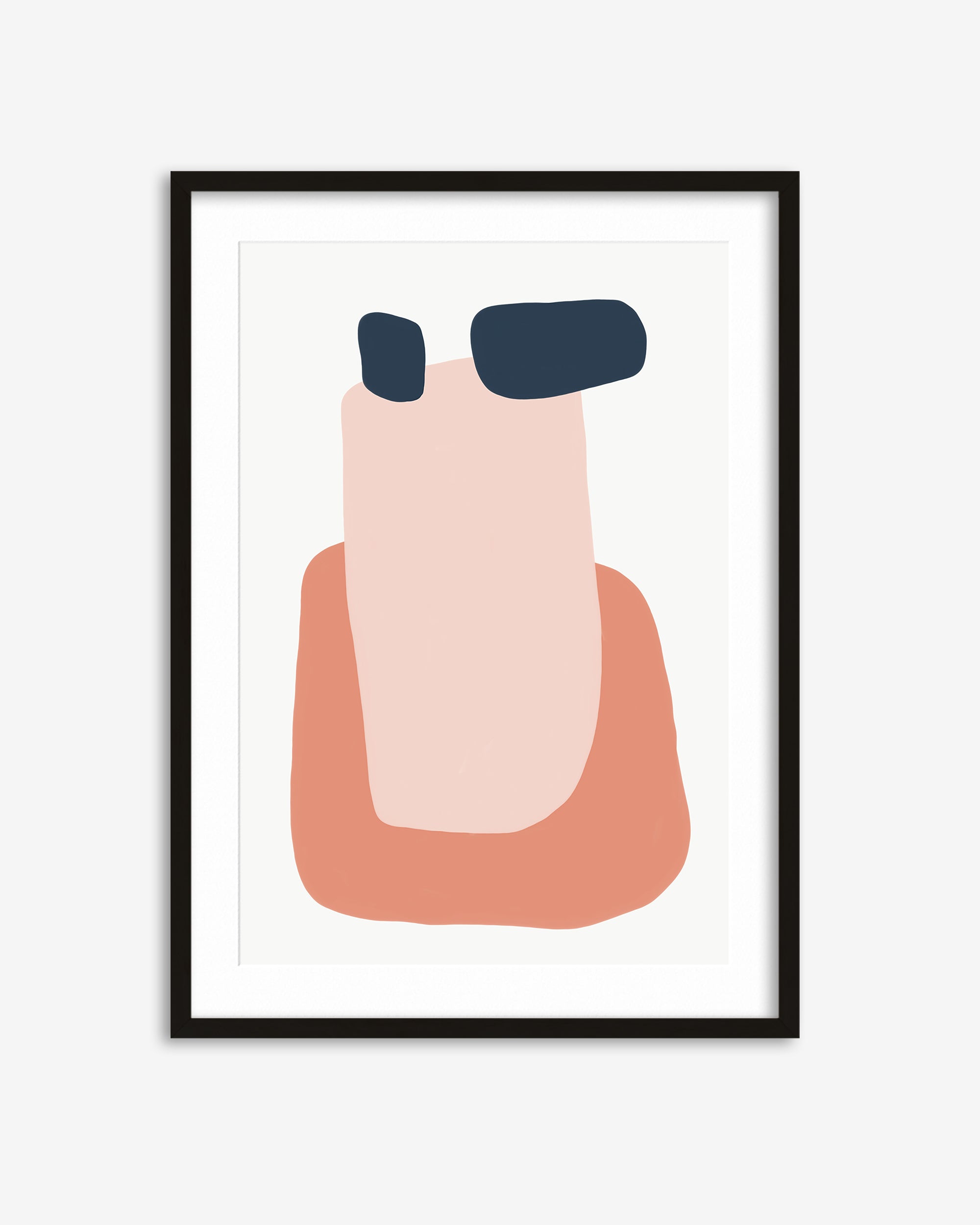 Framed abstract art print with pink and blue shapes on a white background