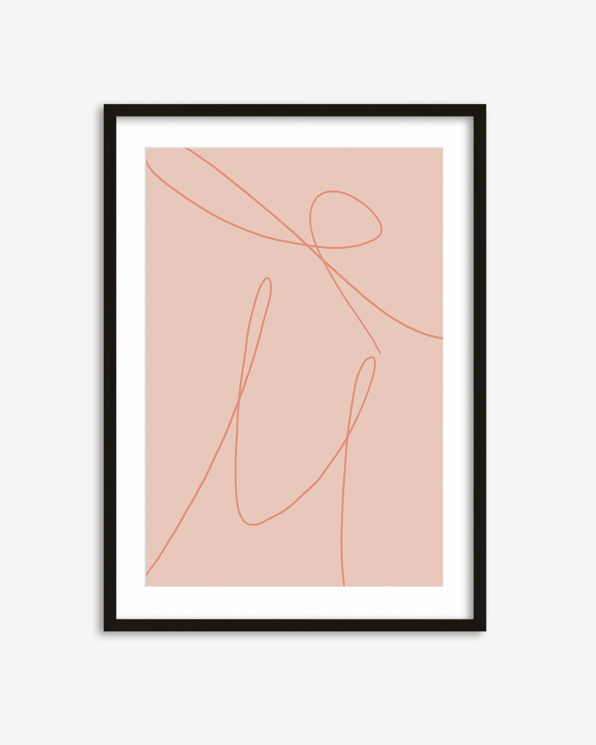 Framed abstract art print with pink line design on a light pink background