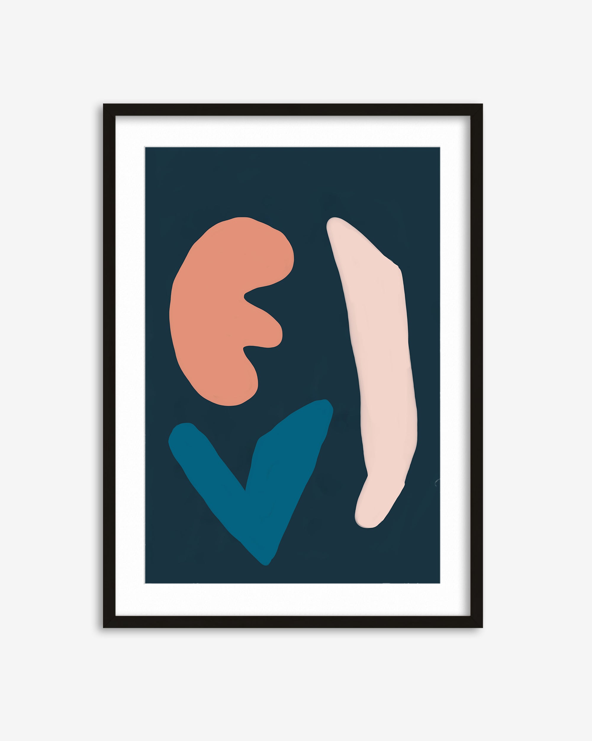 Framed abstract art print with geometric shapes on a dark blue background