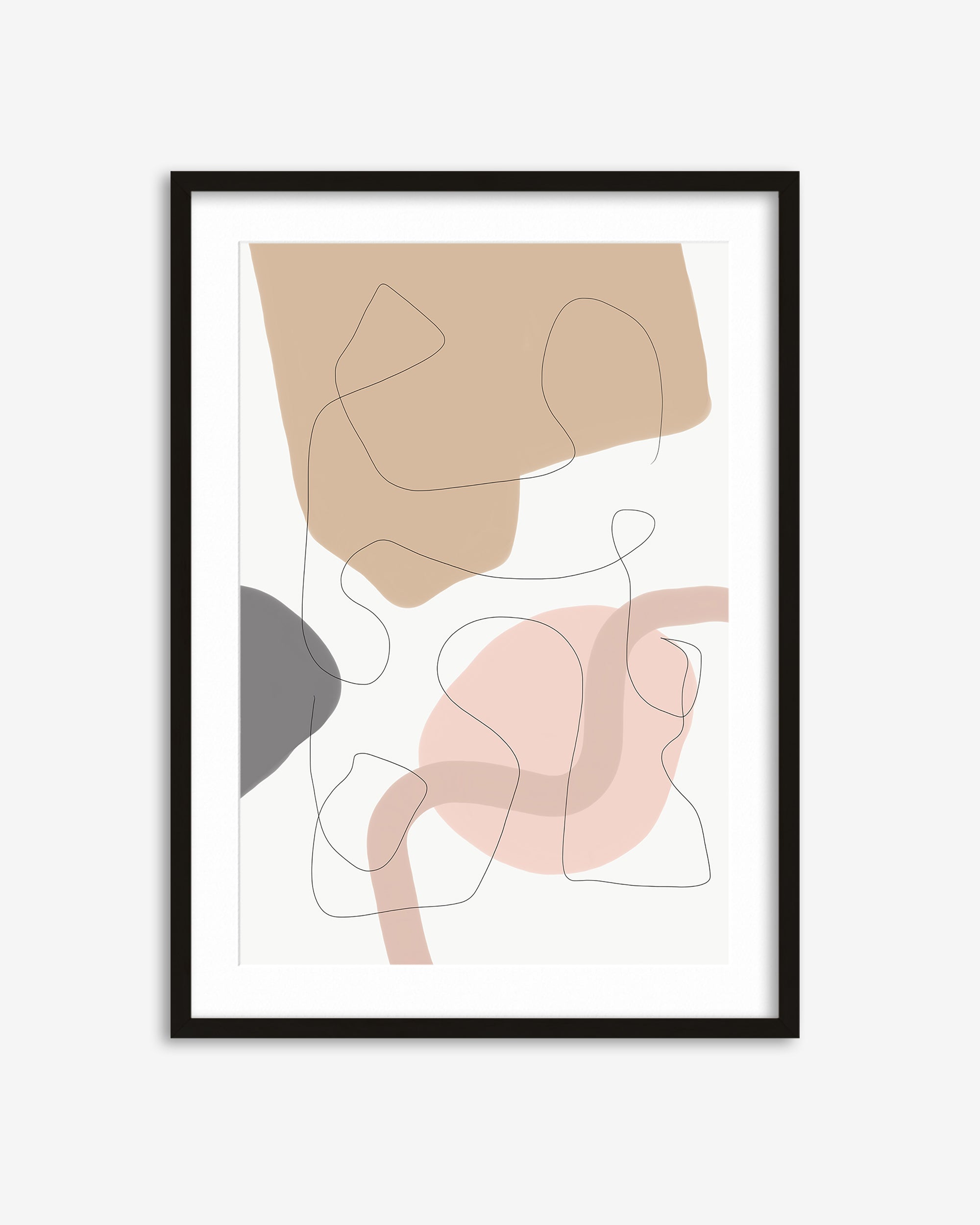 Framed abstract art print with geometric shapes on a white background