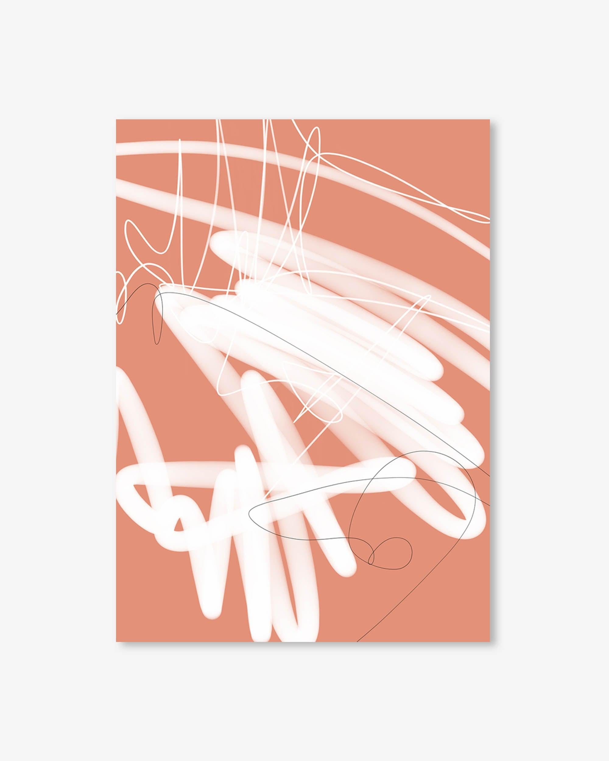 Abstract art print with white lines on a coral background