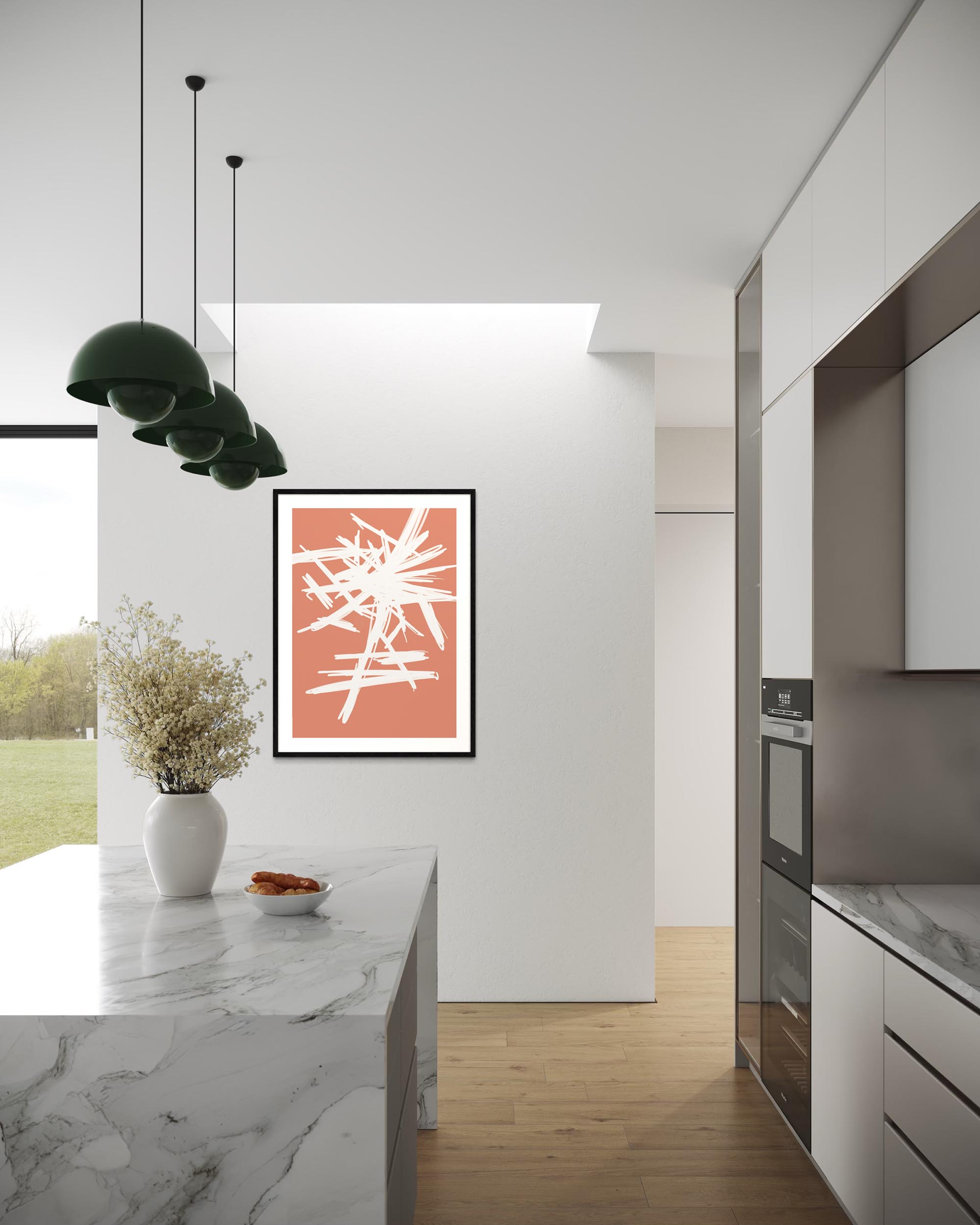 Modern kitchen interior with a abstract art print on the wall.
