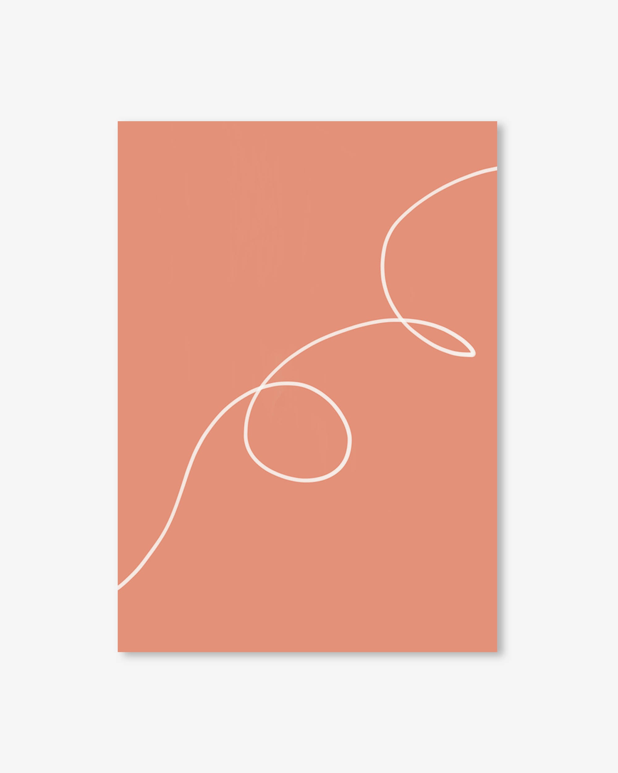 Coral-colored poster with a white line design on a light gray background