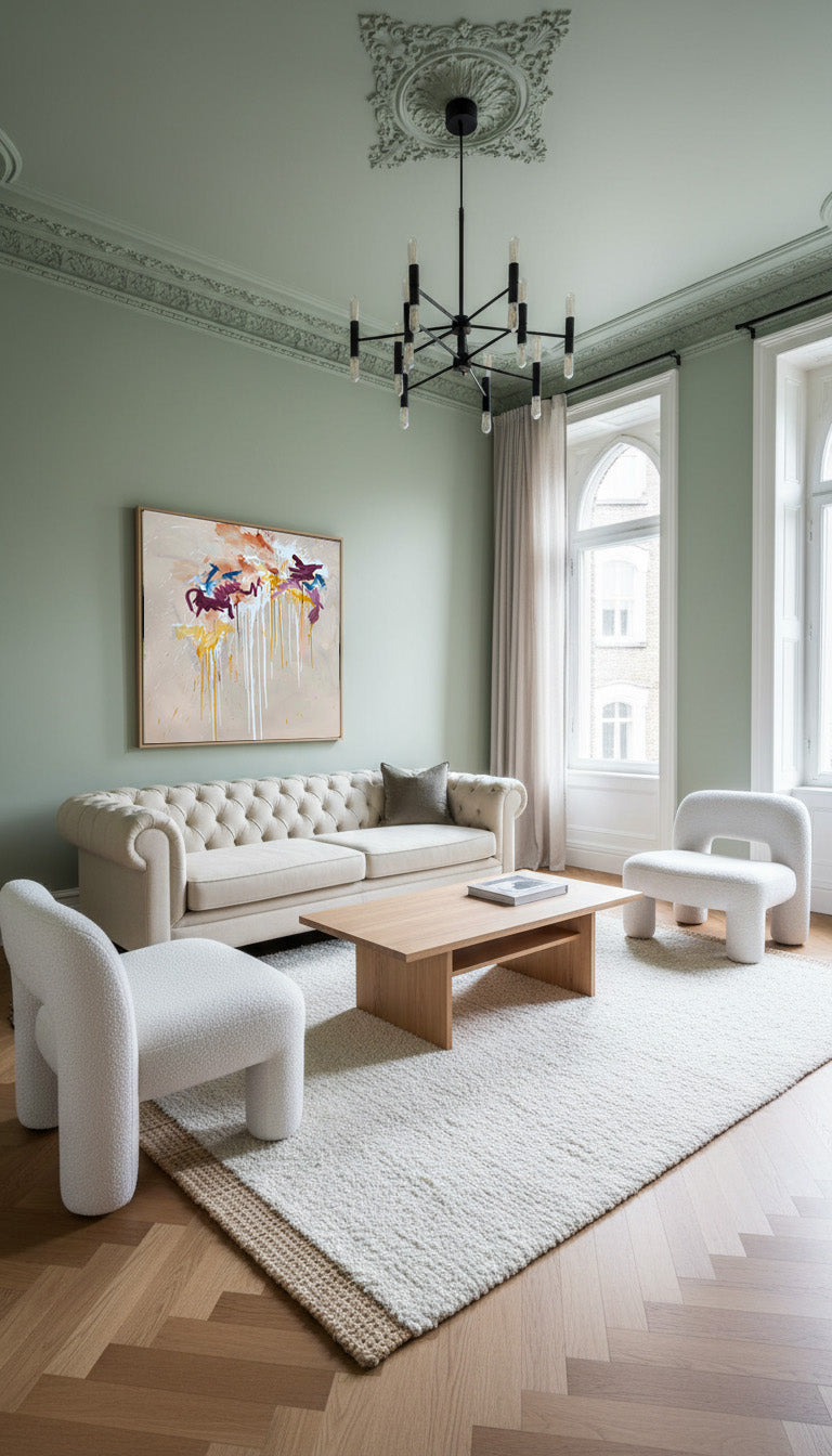 Modern living room with light green walls, white furniture, and a chandelier.