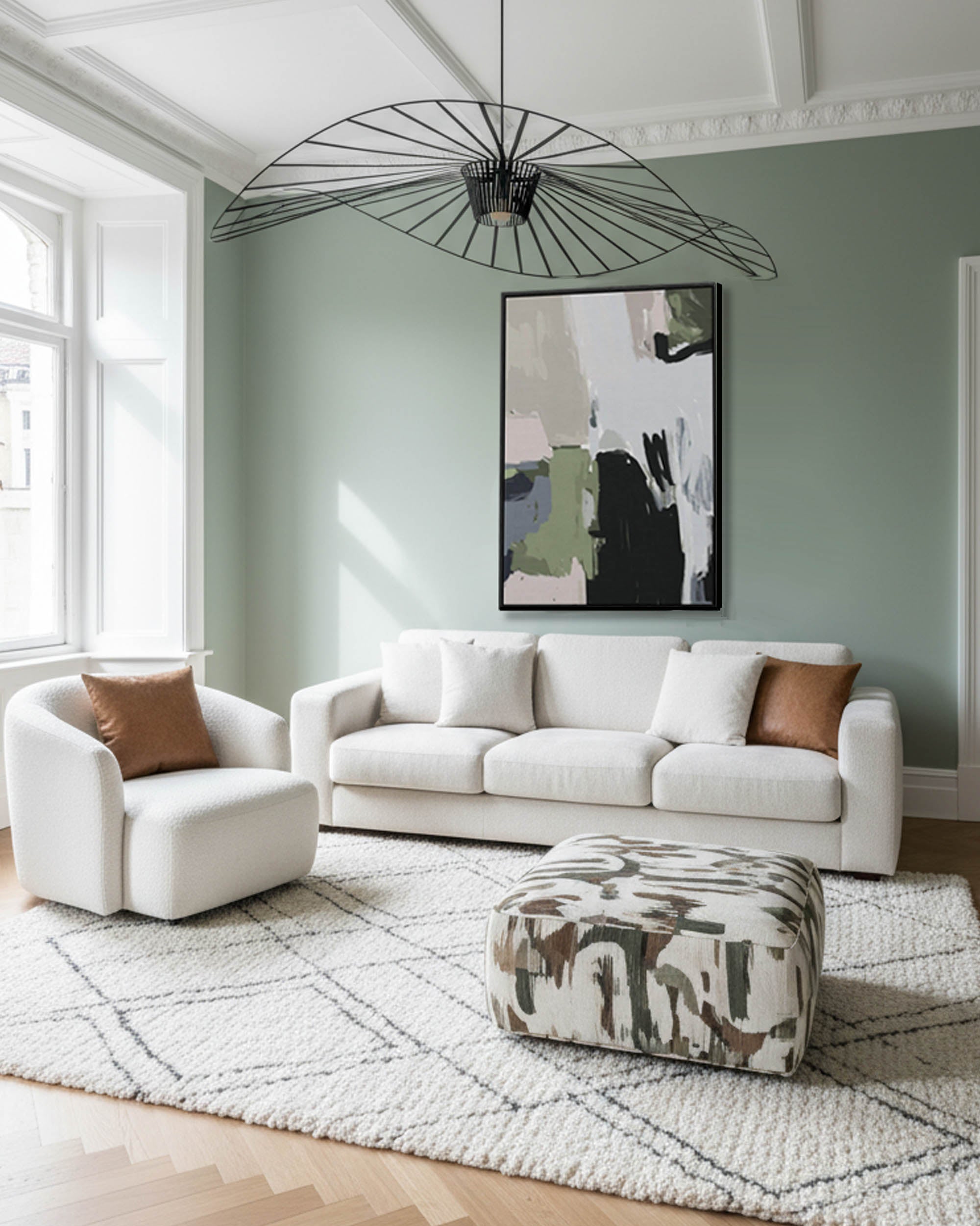 modern contemporary living room, minimal white beige three seater sofa and white boucle chair, custom designer ottoman and large green wall art on wall