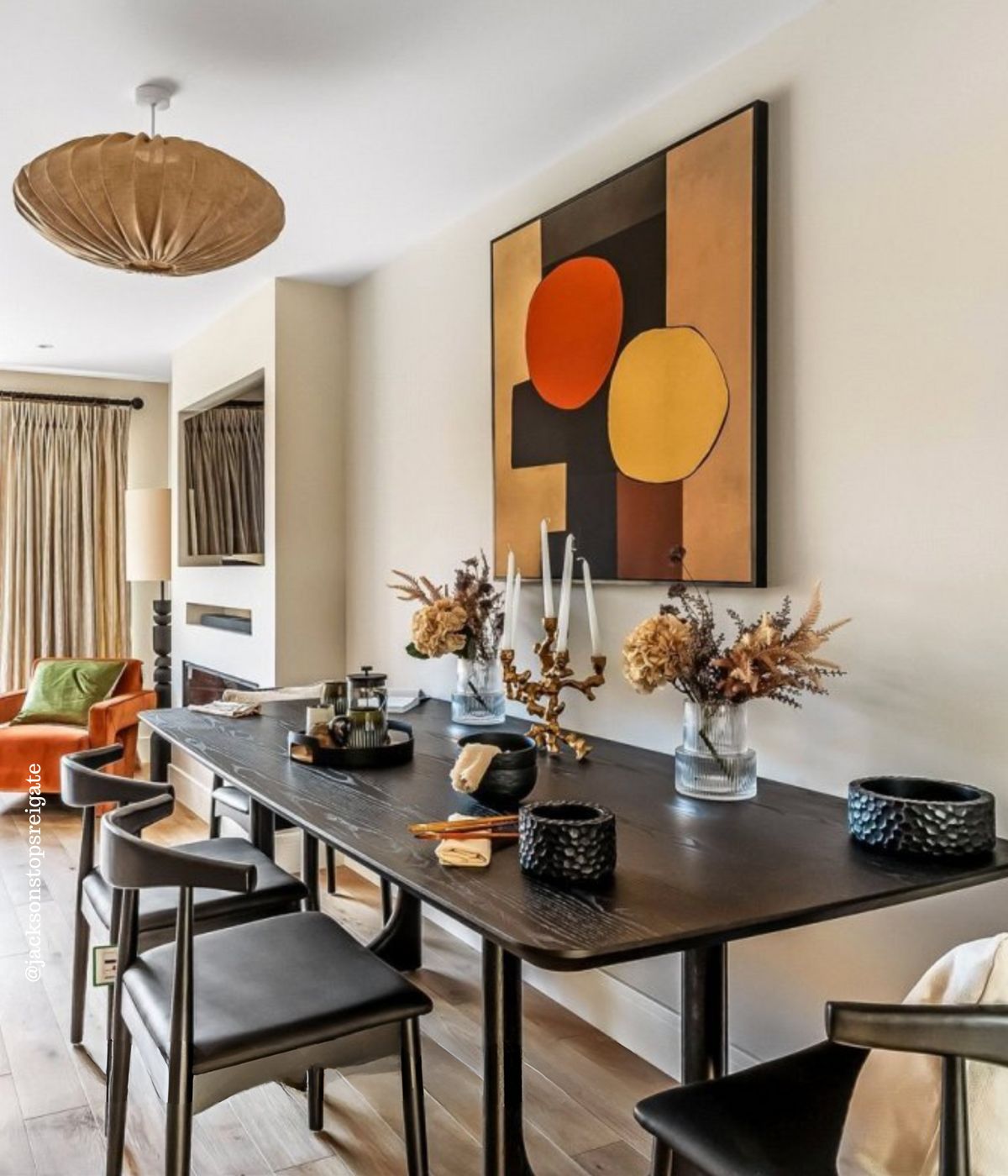 extra large mid century abstract canvas art framed in open plan kitchen living room