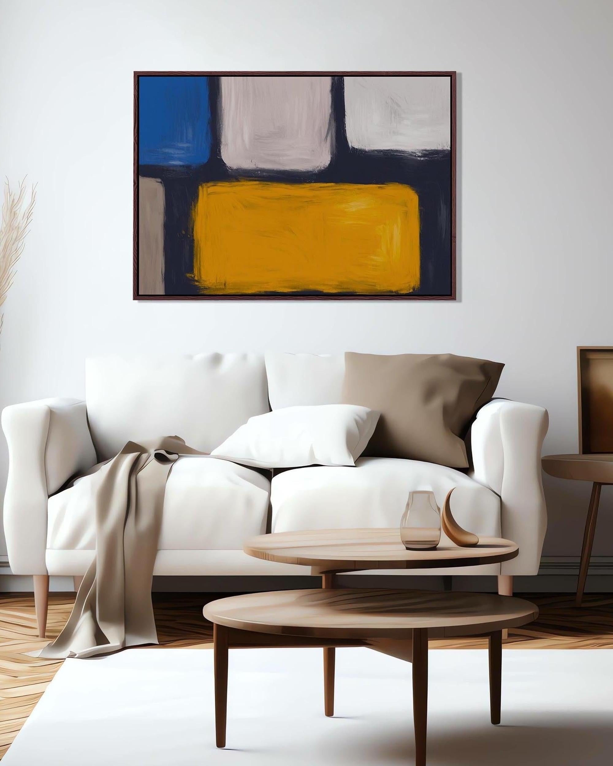 Modern living room with a white sofa, wooden coffee table, and abstract art on the wall.