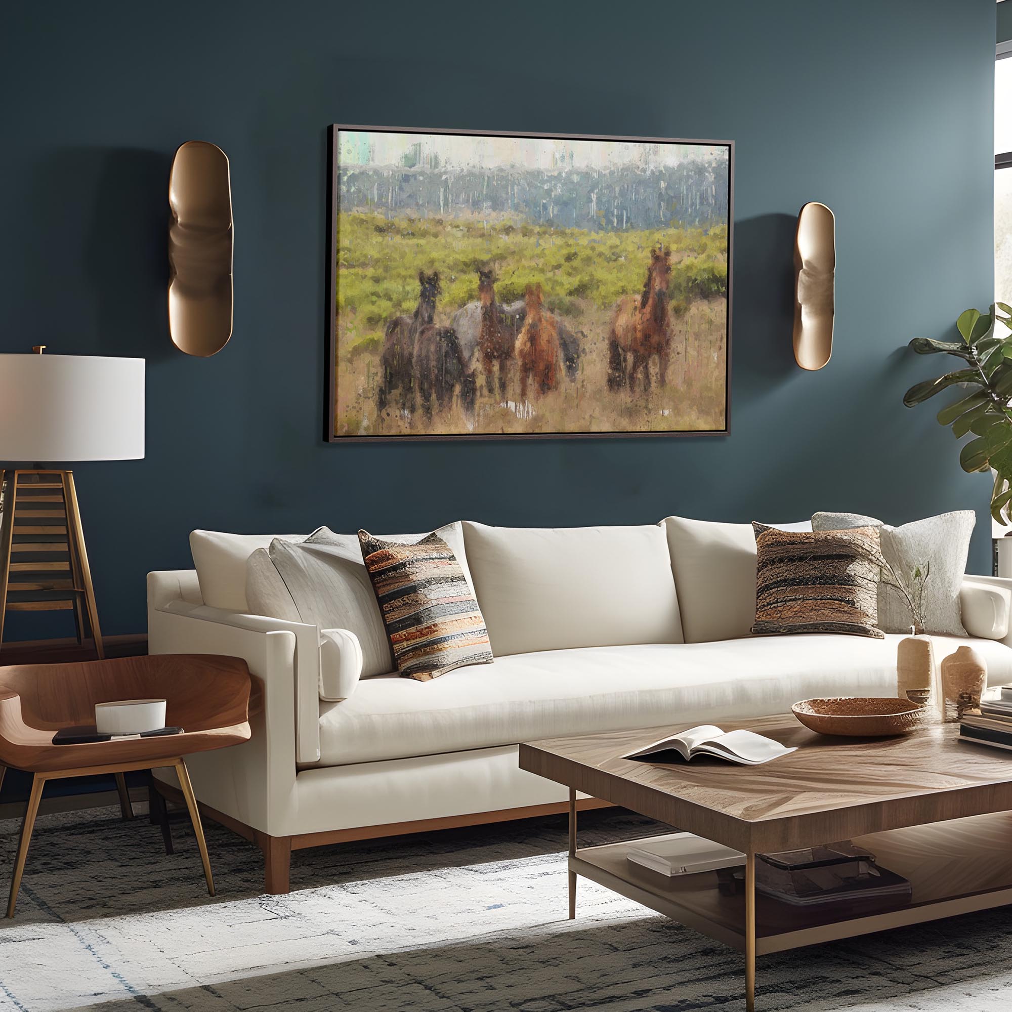 Horses In A Field Painting Framed Canvas-Abstract House