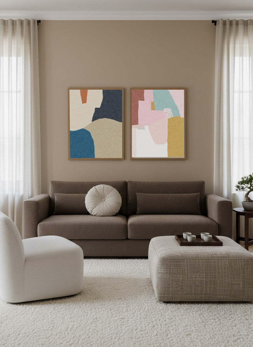 Modern living room with a brown sofa, abstract art on the wall, and a neutral color scheme.