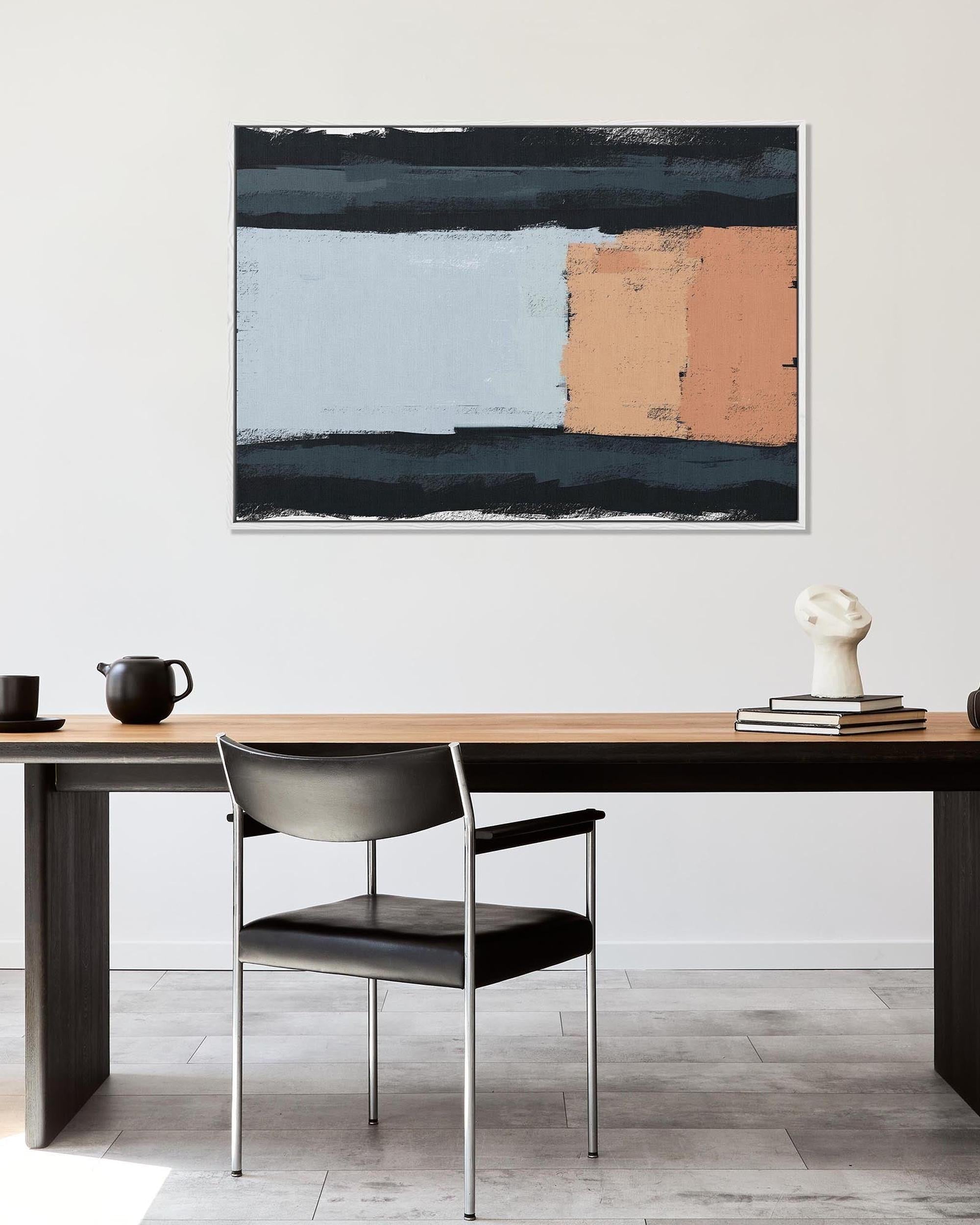 Modern interior with a wooden desk, chair, and abstract painting on the wall.
