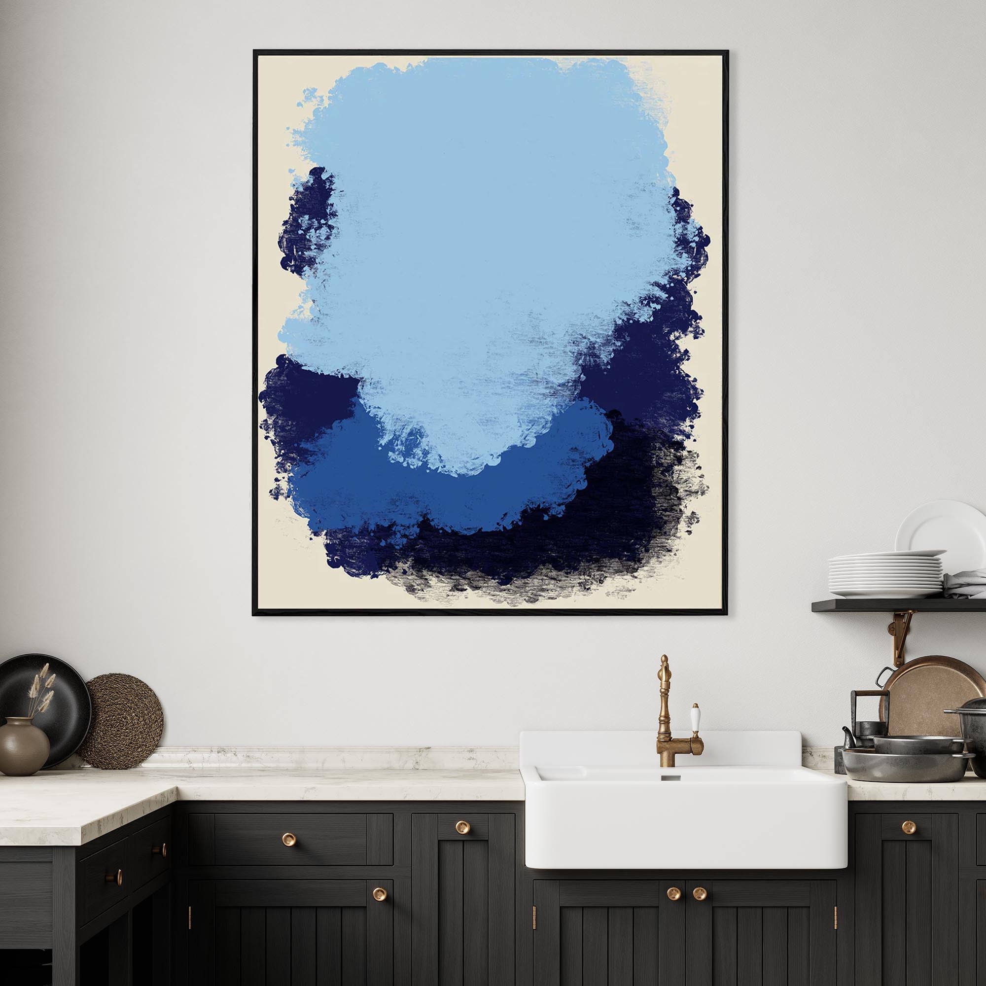 large blue abstract canvas art in kitchen
