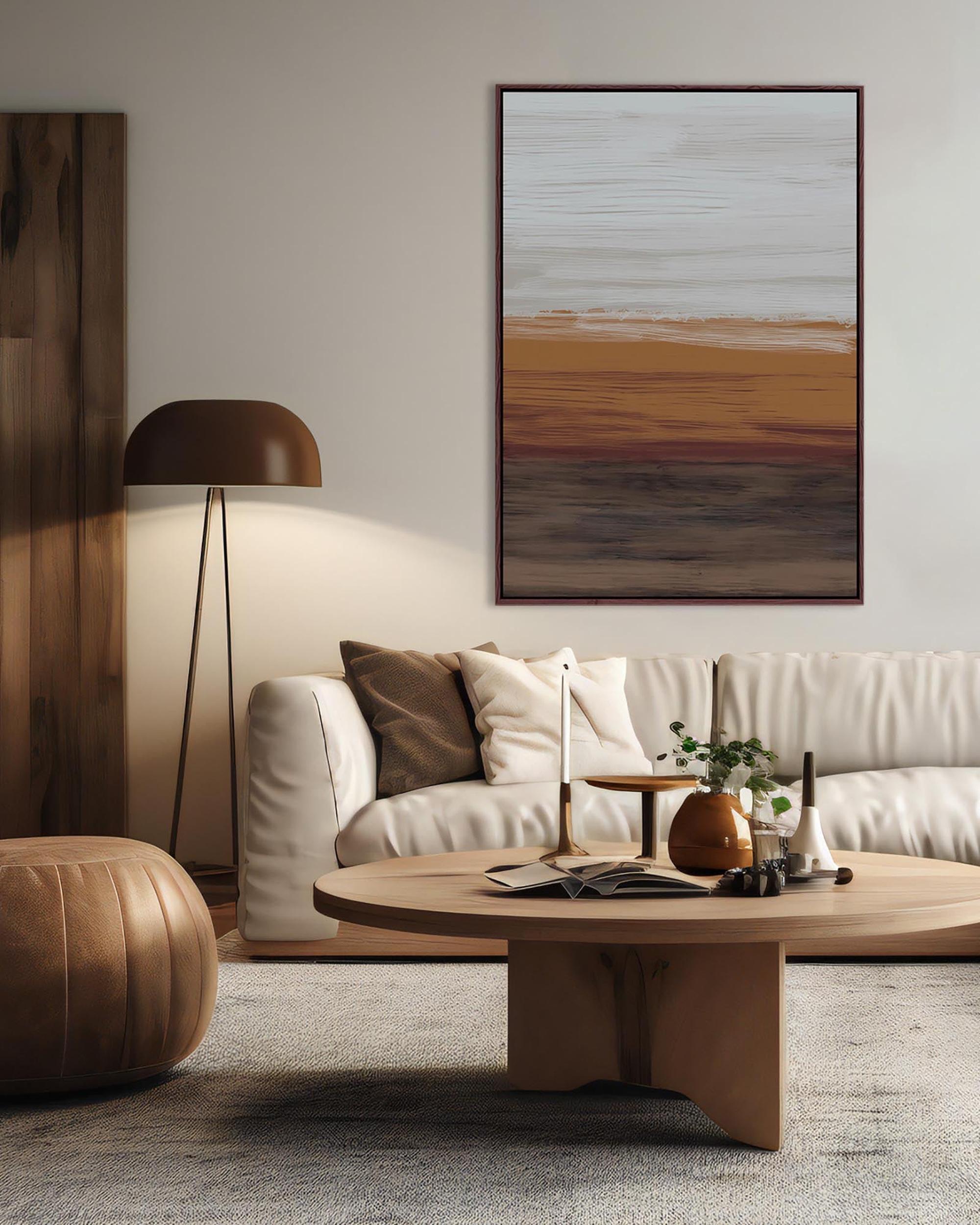 Modern living room with a beige sofa, wooden coffee table, and abstract painting on the wall.