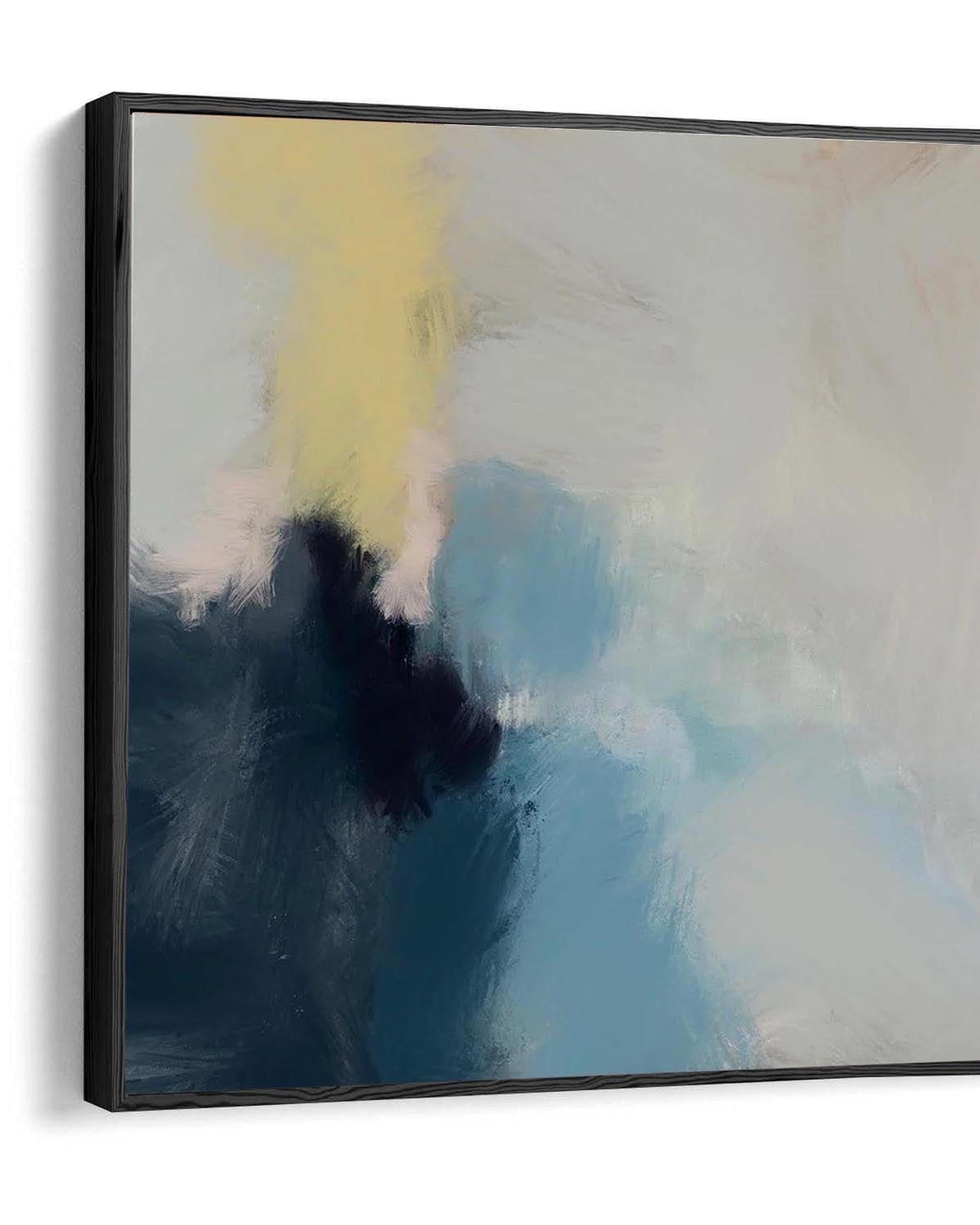 Abstract painting with blue and yellow tones in a black frame.